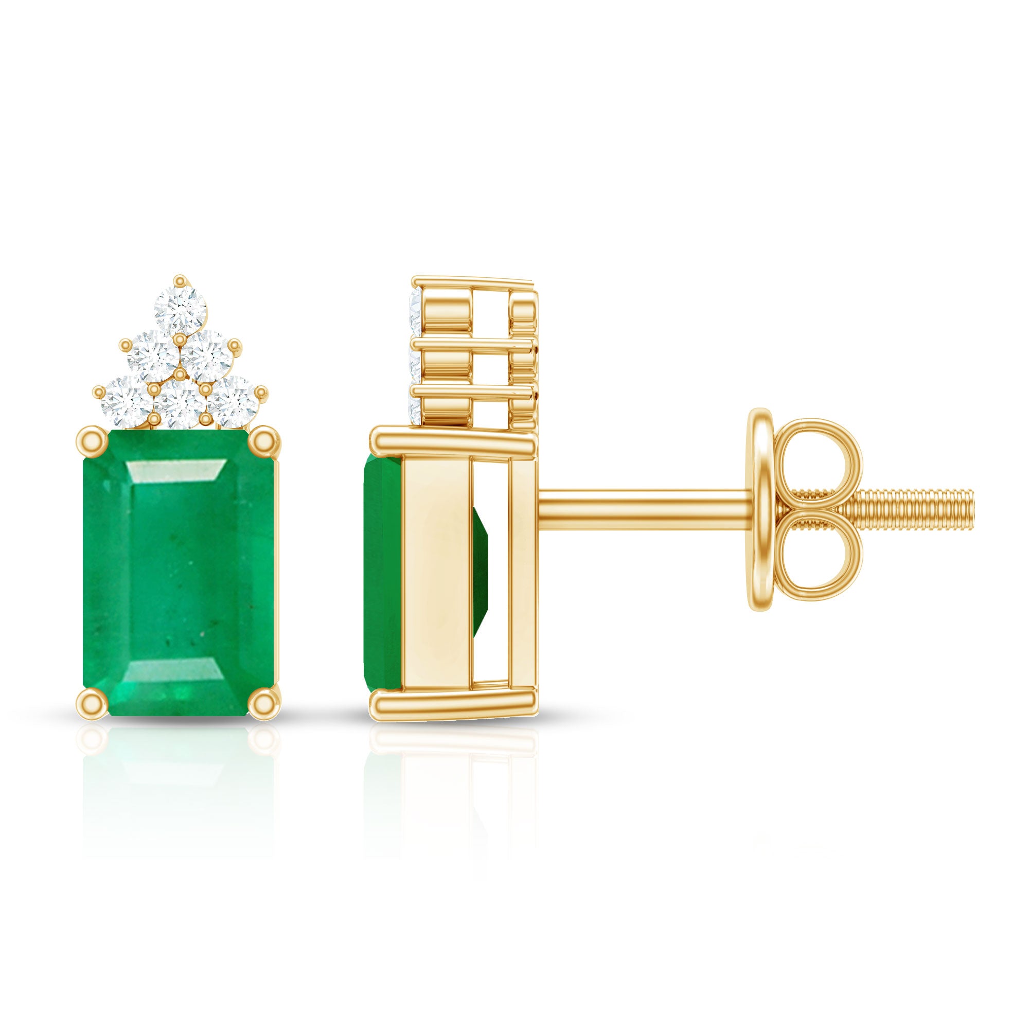 Genuine 1.32 Carat Emerald Cut Emerald Stud Earrings with Diamond Cluster AAA - Rosec Jewels
