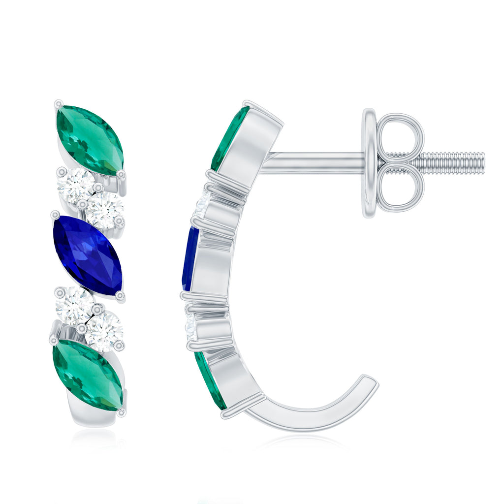 Marquise Cut Created Blue Sapphire and Emerald J Hoop Earrings with Moissanite