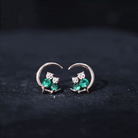 Lab Created Emerald Cat and Moon Stud Earrings AAAA - Rosec Jewels