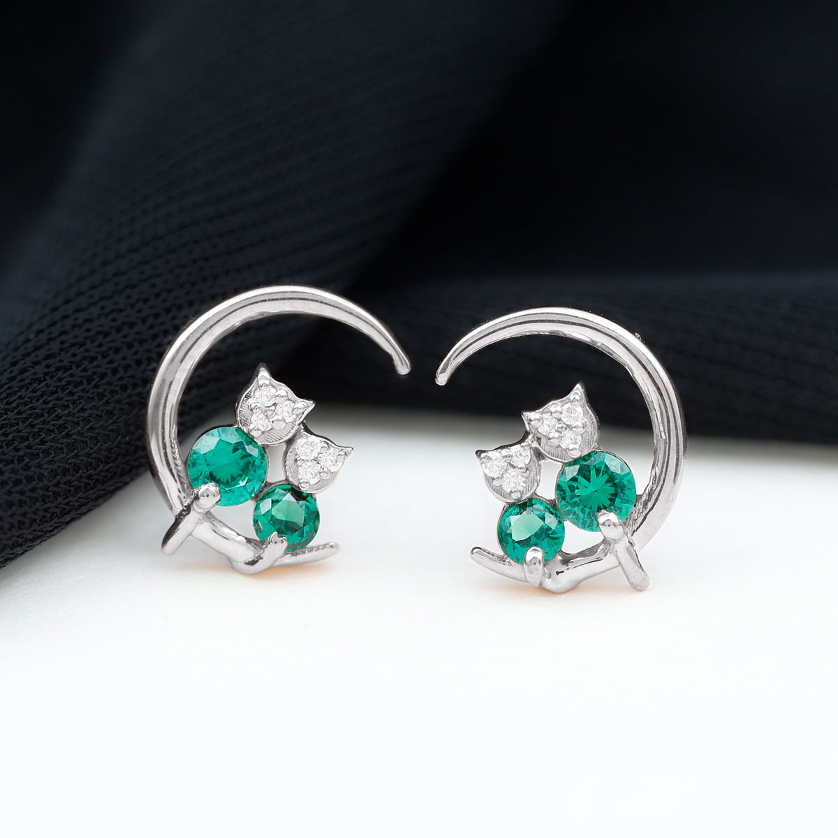 Lab Created Emerald Cat and Moon Stud Earrings AAAA - Rosec Jewels
