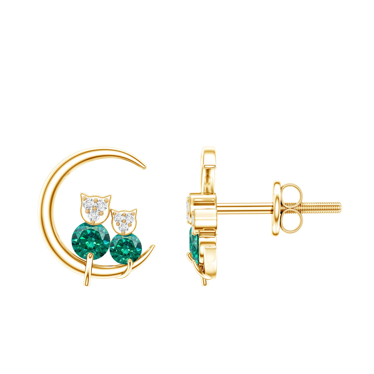 Lab Created Emerald Cat and Moon Stud Earrings AAAA - Rosec Jewels