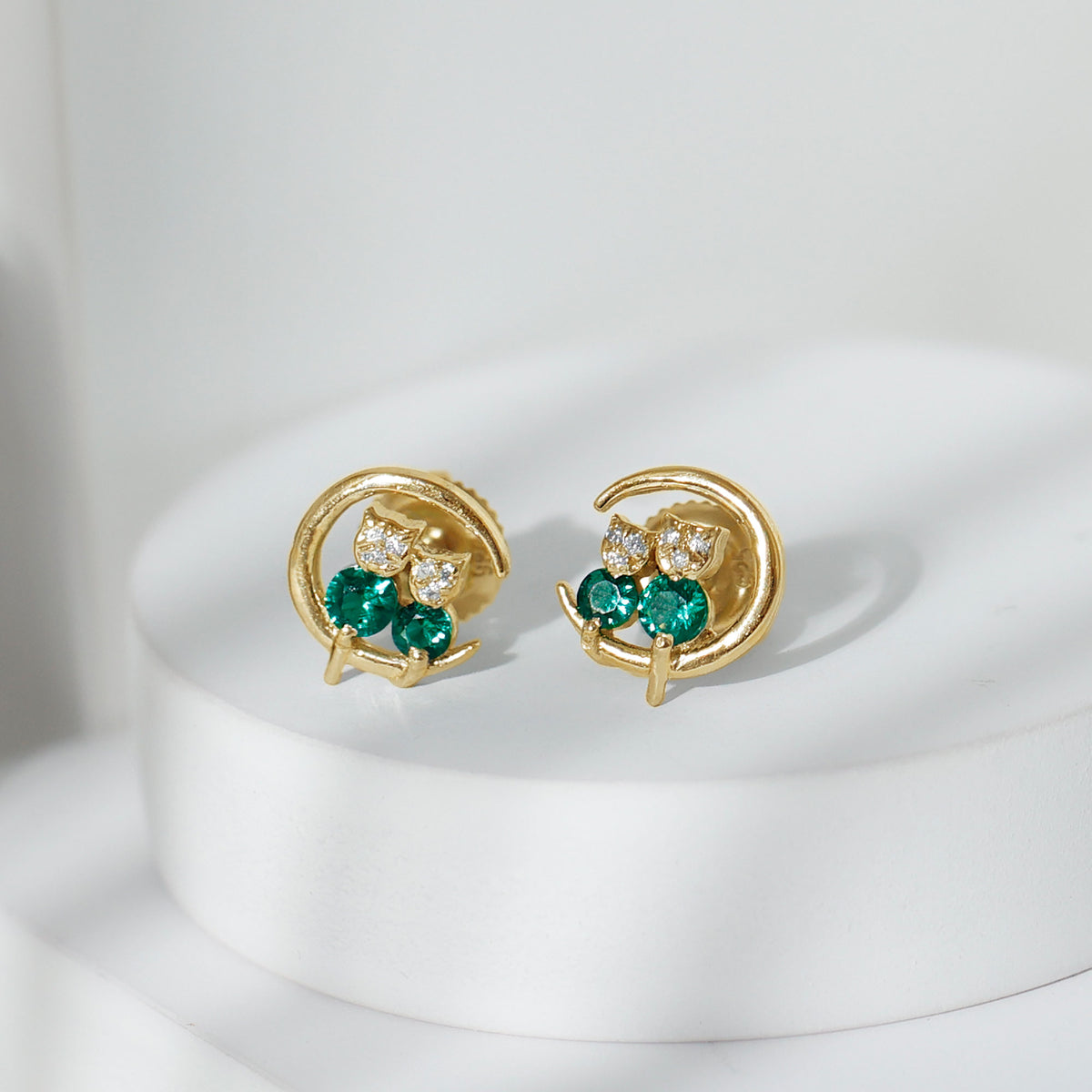 Lab Created Emerald Cat and Moon Stud Earrings AAAA - Rosec Jewels