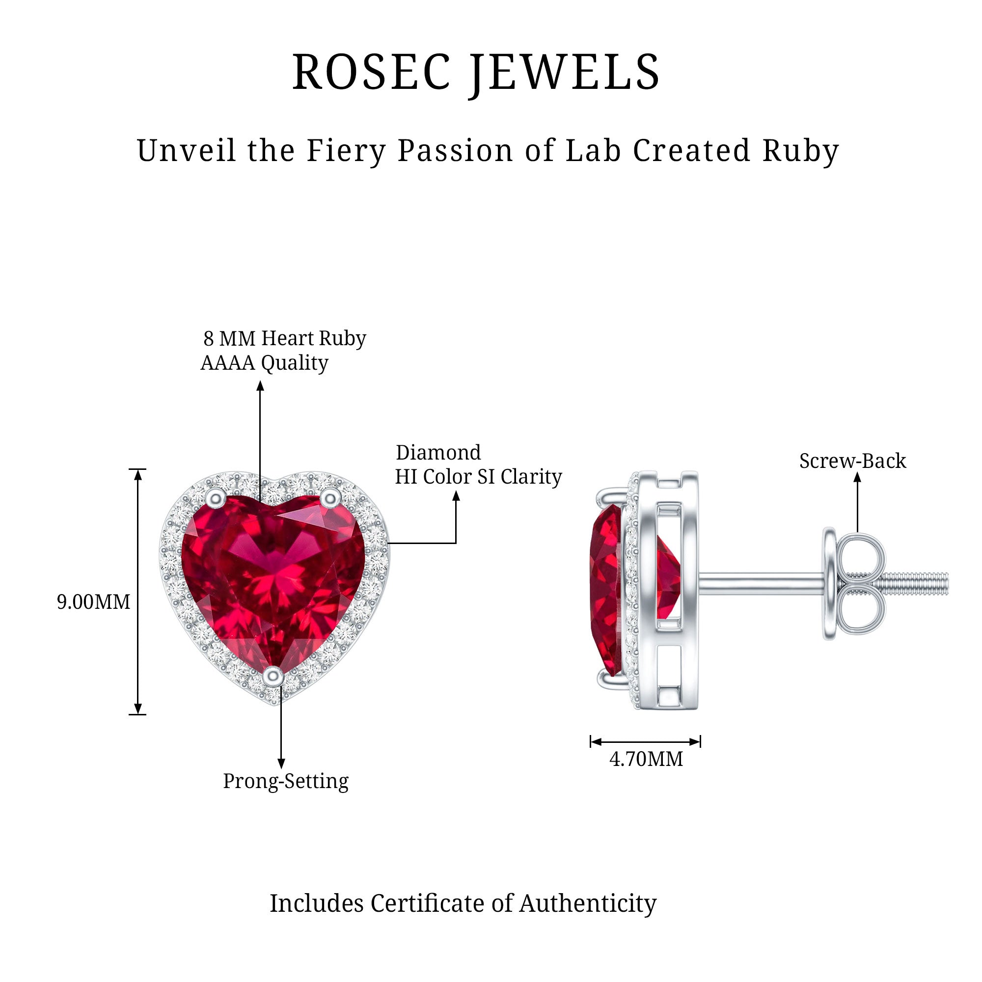 4 Carat Heart Shape Created Ruby Halo Stud Earrings with Diamond AAAA - Rosec Jewels
