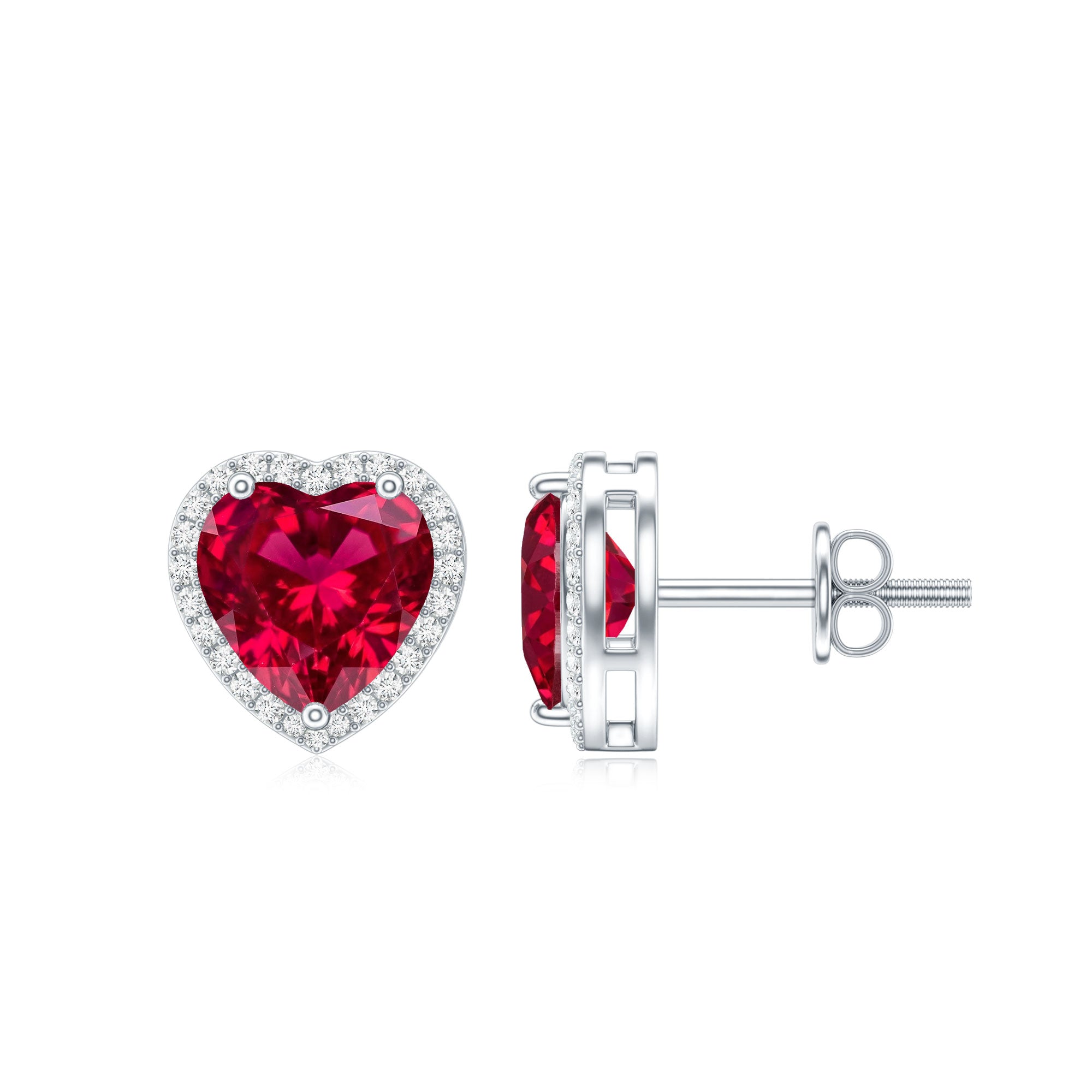 4 Carat Heart Shape Created Ruby Halo Stud Earrings with Diamond AAAA - Rosec Jewels