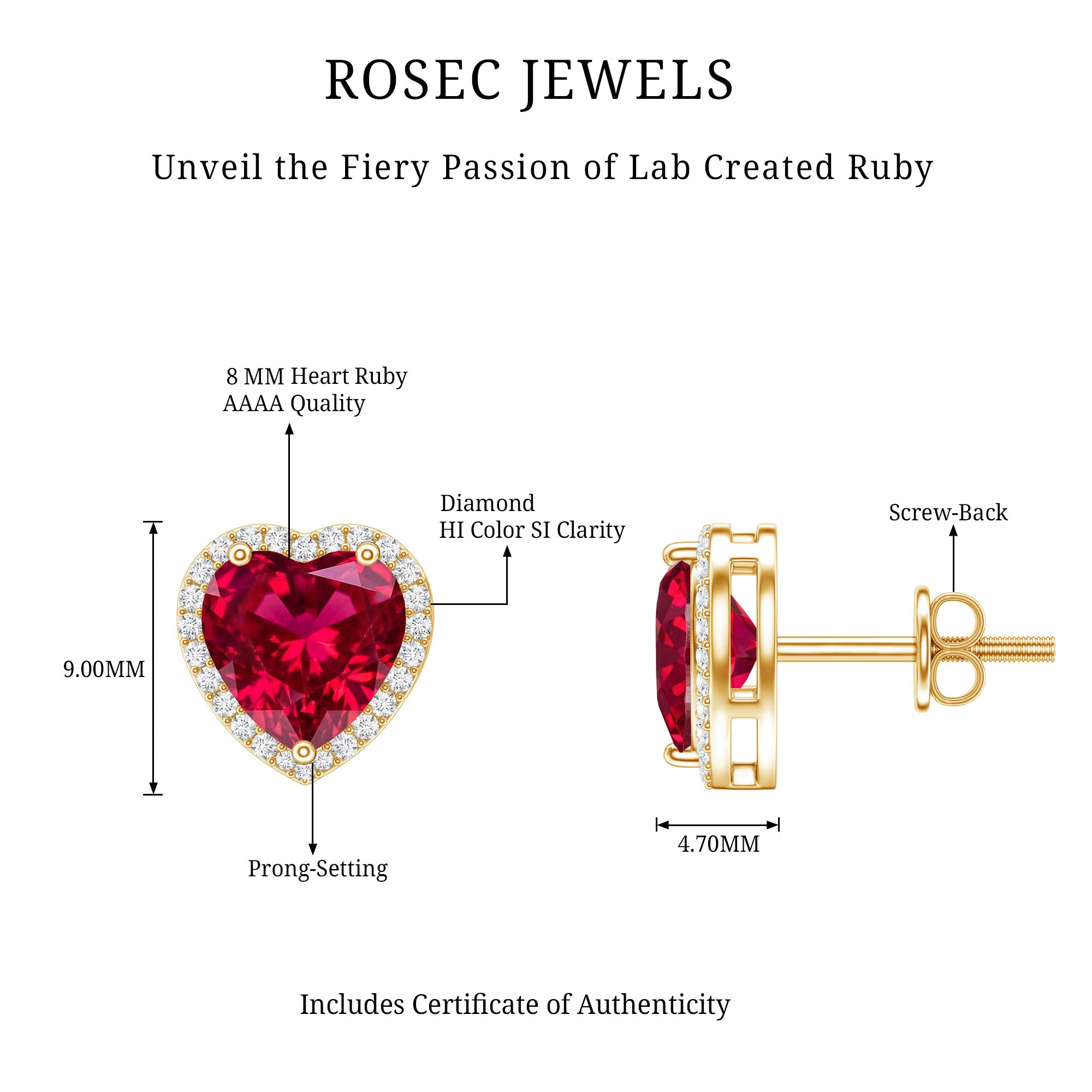 4 Carat Heart Shape Created Ruby Halo Stud Earrings with Diamond AAAA - Rosec Jewels