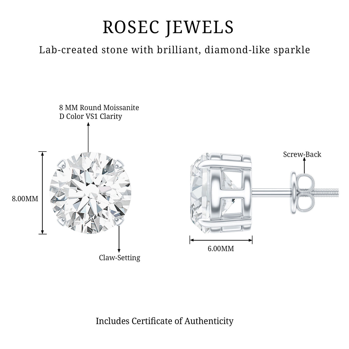4.2 Carat Round Cut Moissanite Solitaire Stud Earrings D-VS1 - Rosec Jewels