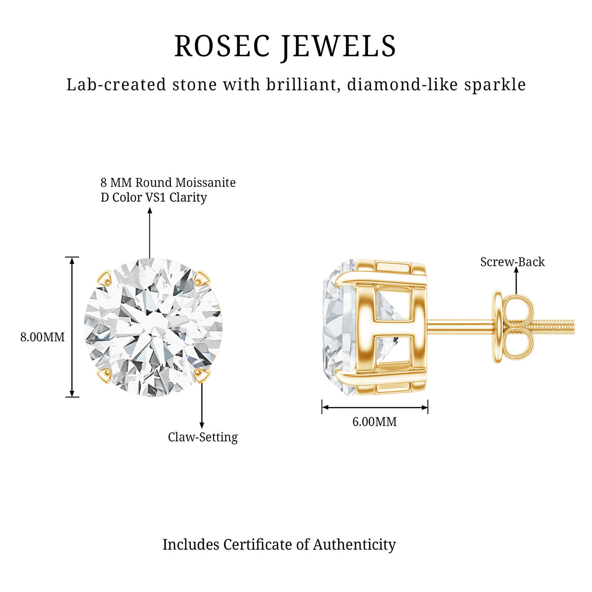 4.2 Carat Round Cut Moissanite Solitaire Stud Earrings D-VS1 - Rosec Jewels