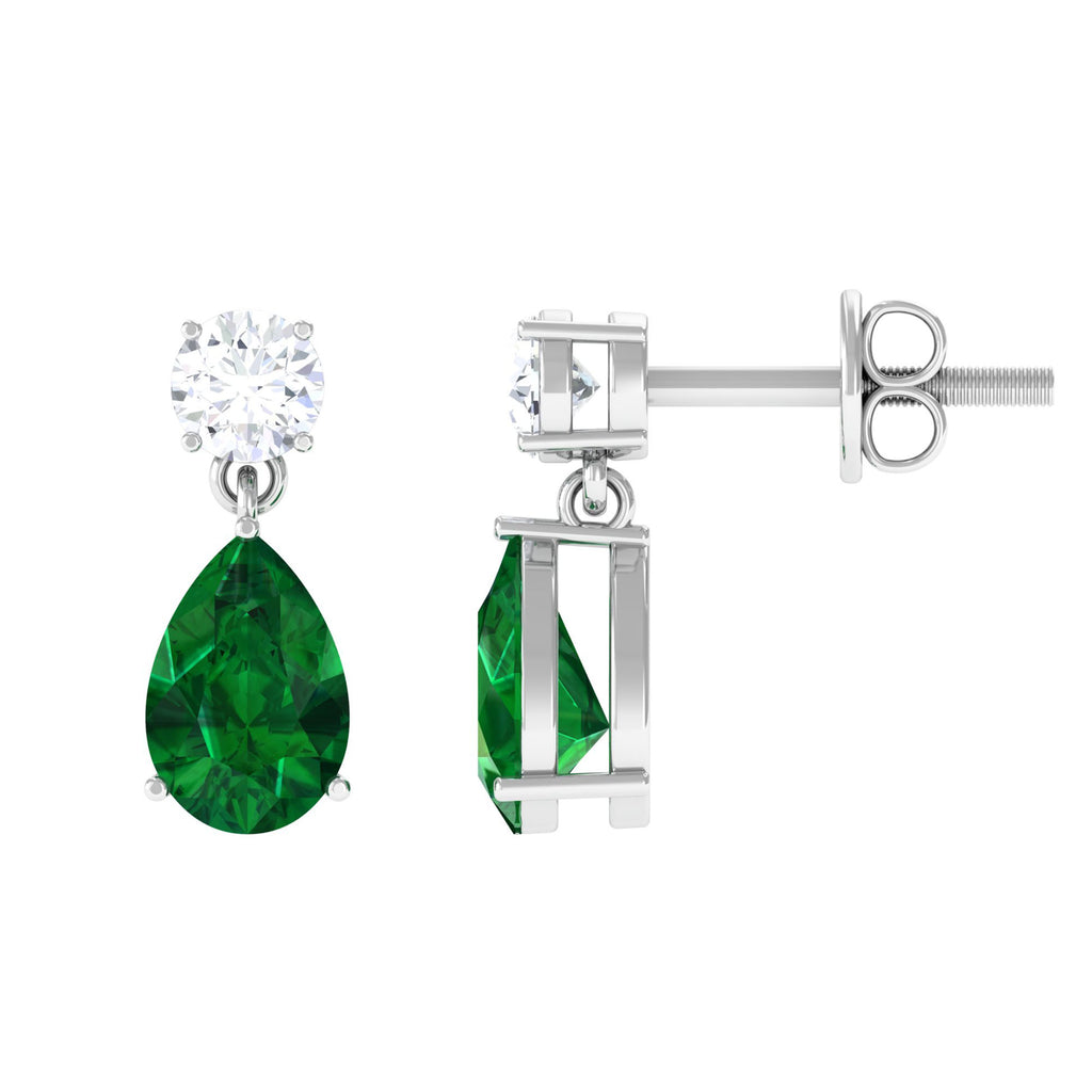Classic Teardrop Earrings with Pear Cut Created Emerald and Round Moissanite