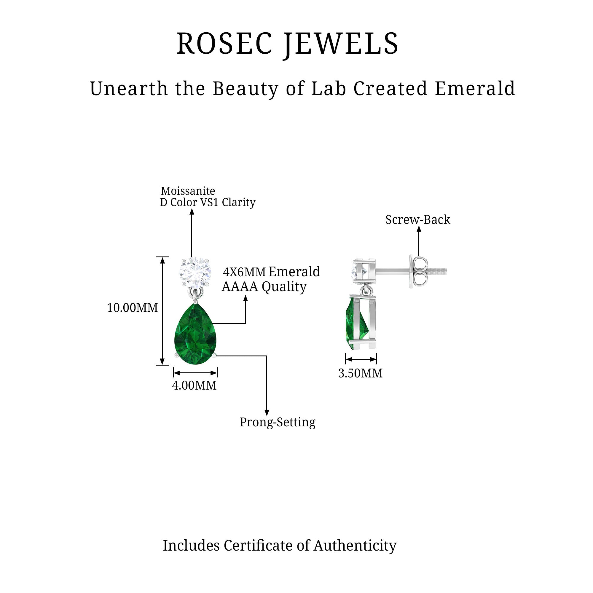 Classic Teardrop Earrings with Pear Cut Created Emerald and Round Moissanite Lab Created Emerald - ( AAAA ) - Quality - Rosec Jewels