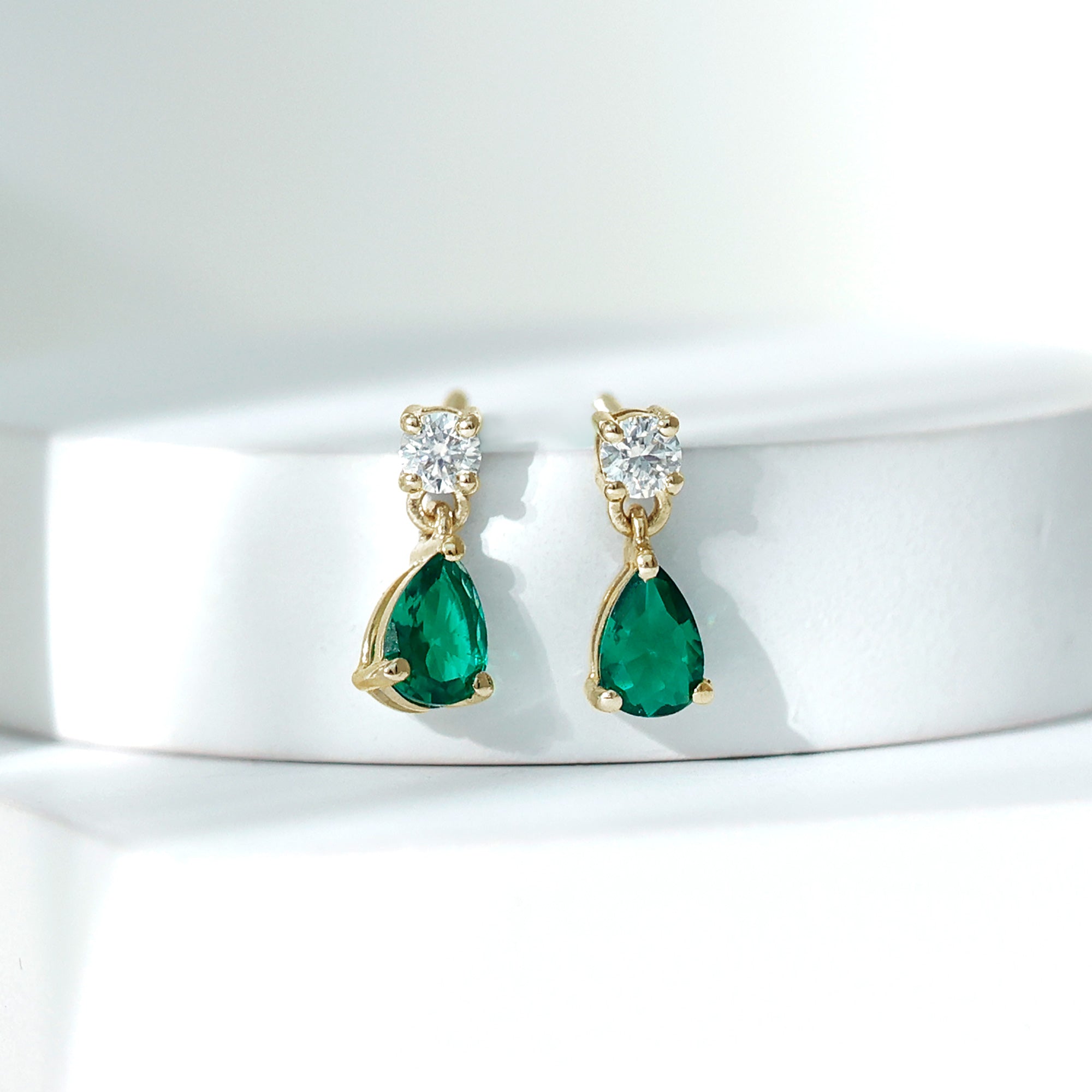 Classic Teardrop Earrings with Pear Cut Created Emerald and Round Moissanite Lab Created Emerald - ( AAAA ) - Quality - Rosec Jewels