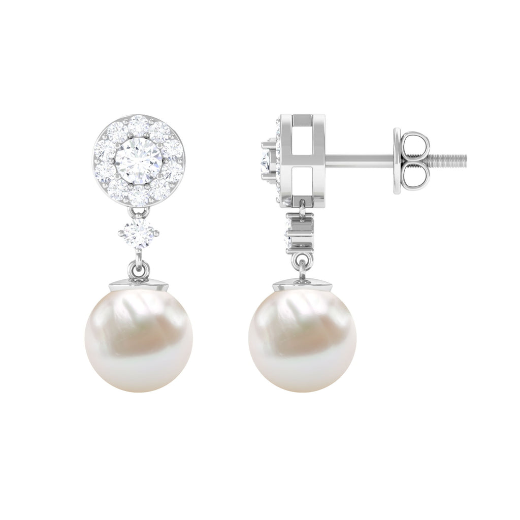 Elegant Freshwater Pearl Stud Drop Earrings with Diamond