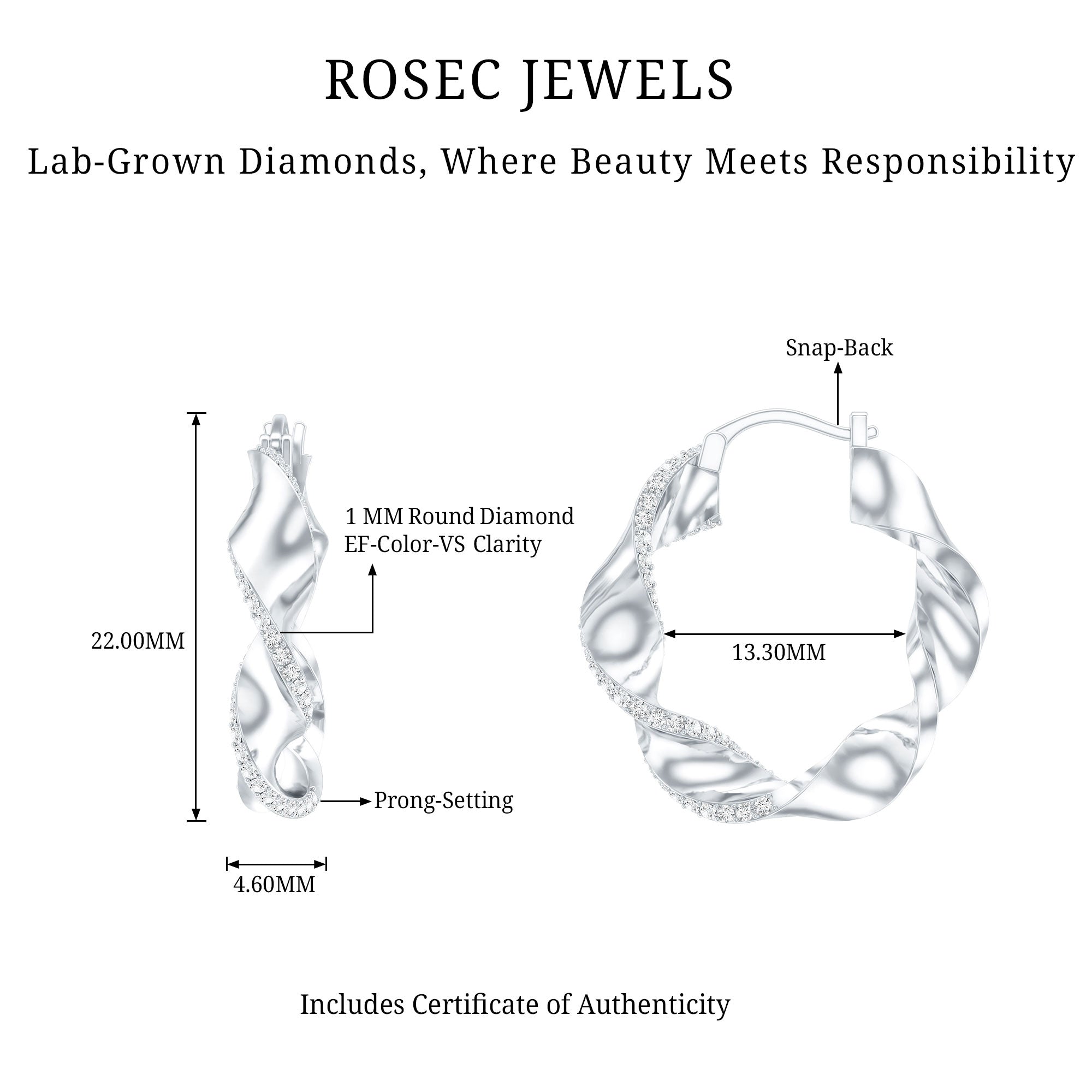 Lab Grown Diamond Twisted Hoop Earrings with Snap Back Lab - ( EF-VS ) - Rosec Jewels