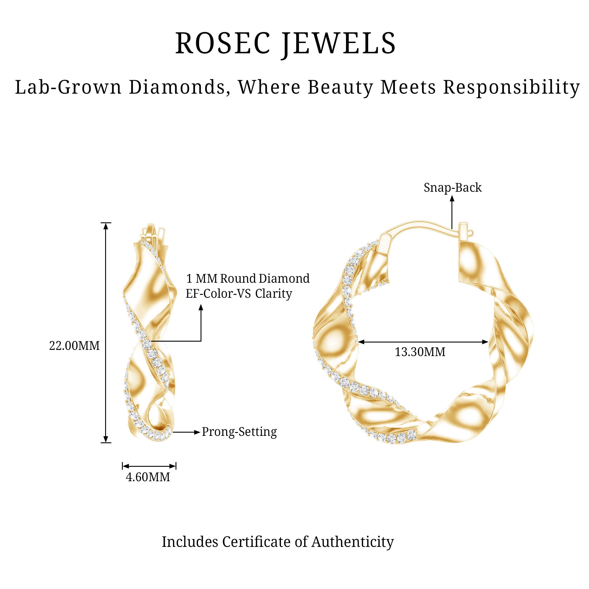 Lab Grown Diamond Twisted Hoop Earrings with Snap Back Lab - ( EF-VS ) - Rosec Jewels
