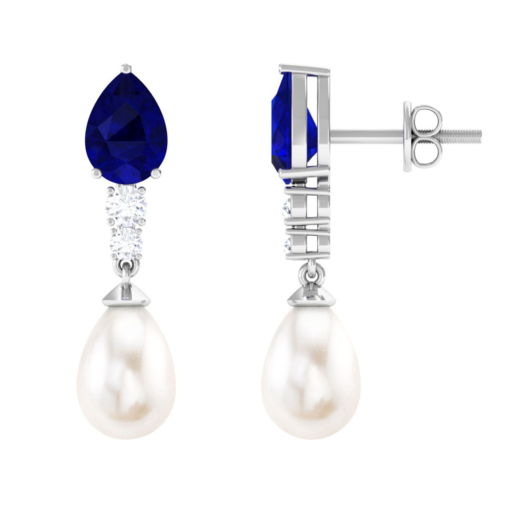 7.5 CT Blue Sapphire And Freshwater Pearl Dangle Earrings with Moissanite Blue Sapphire - ( AAA ) - Quality - Rosec Jewels