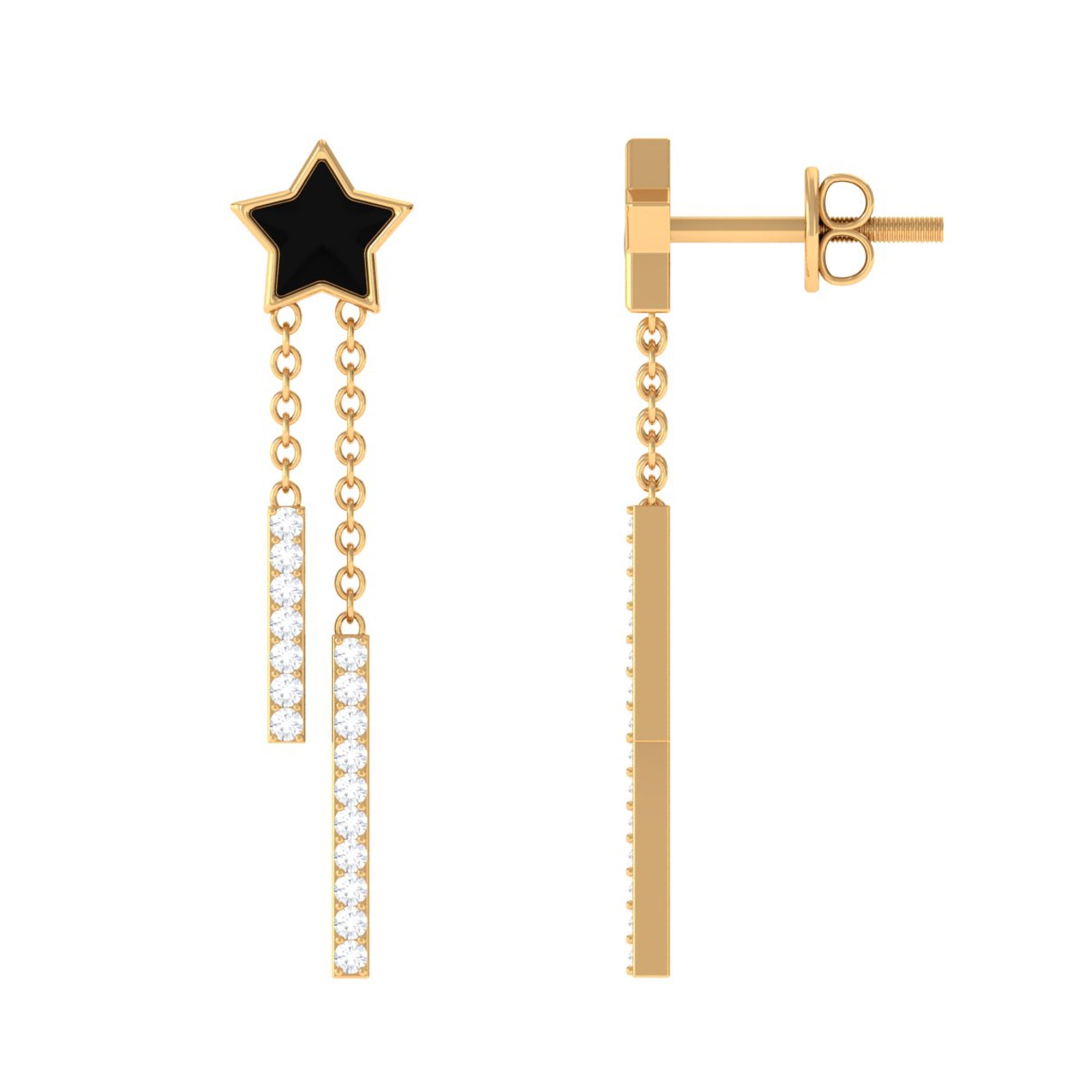 Moissanite Chain Star Dangle Earrings with Black Enamel Moissanite - ( D-VS1 ) - Color and Clarity - Rosec Jewels