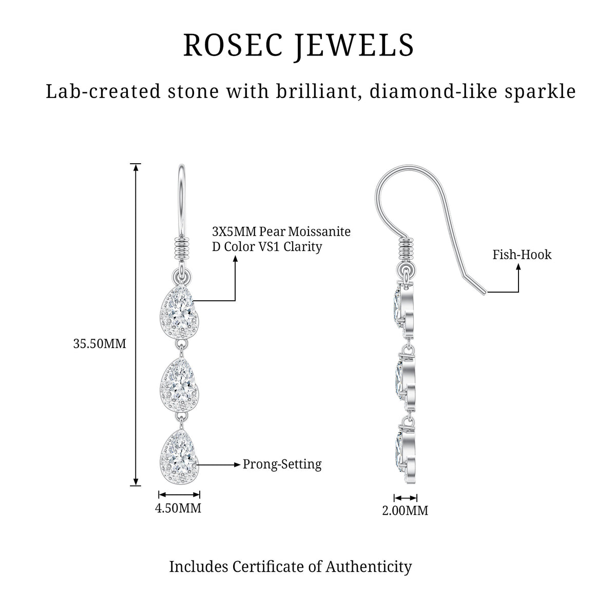 Certified Moissanite Dangling Wedding Earrings for Bride D-VS1 - Rosec Jewels