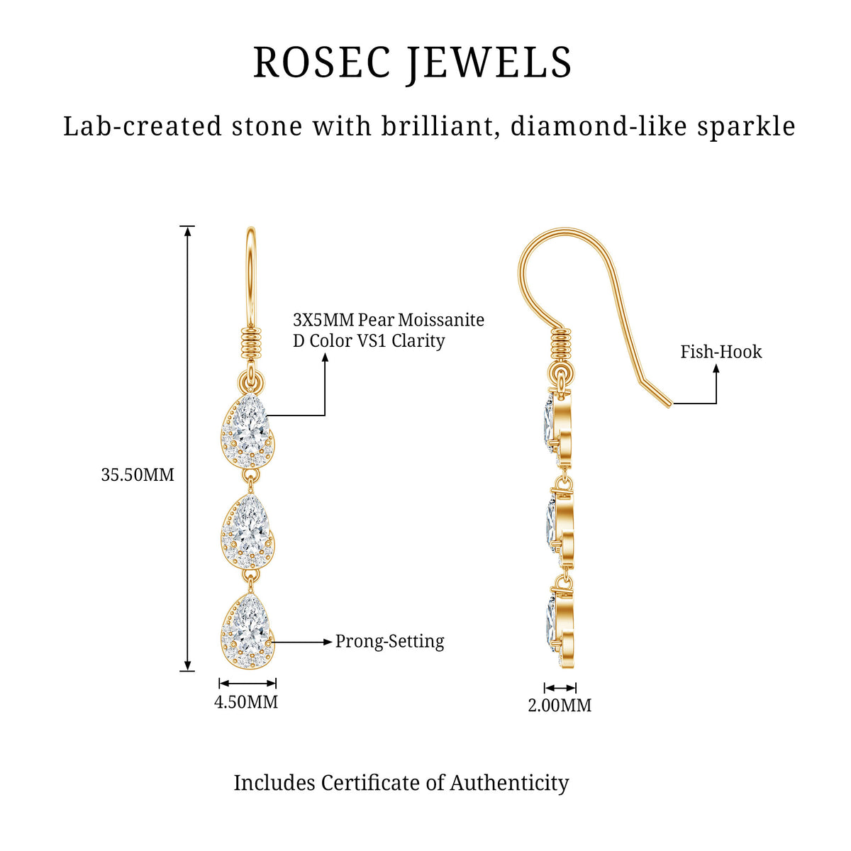 Certified Moissanite Dangling Wedding Earrings for Bride D-VS1 - Rosec Jewels