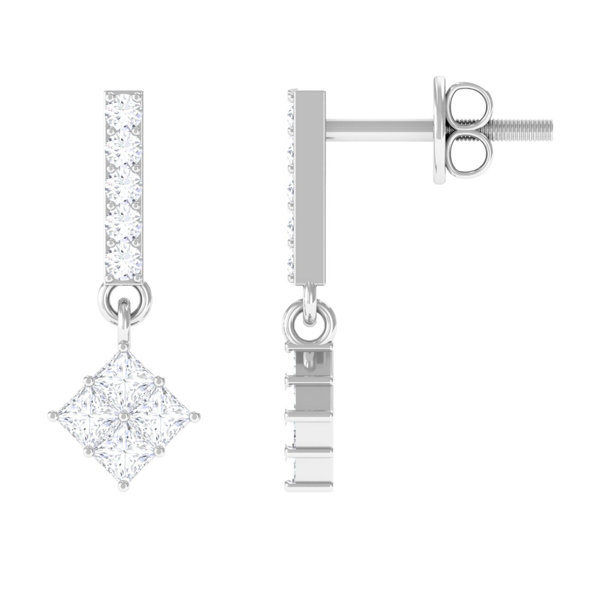 Princess and Round Cut Zircon Bar Dangle Earrings Zircon - ( AAAA ) - Quality - Rosec Jewels