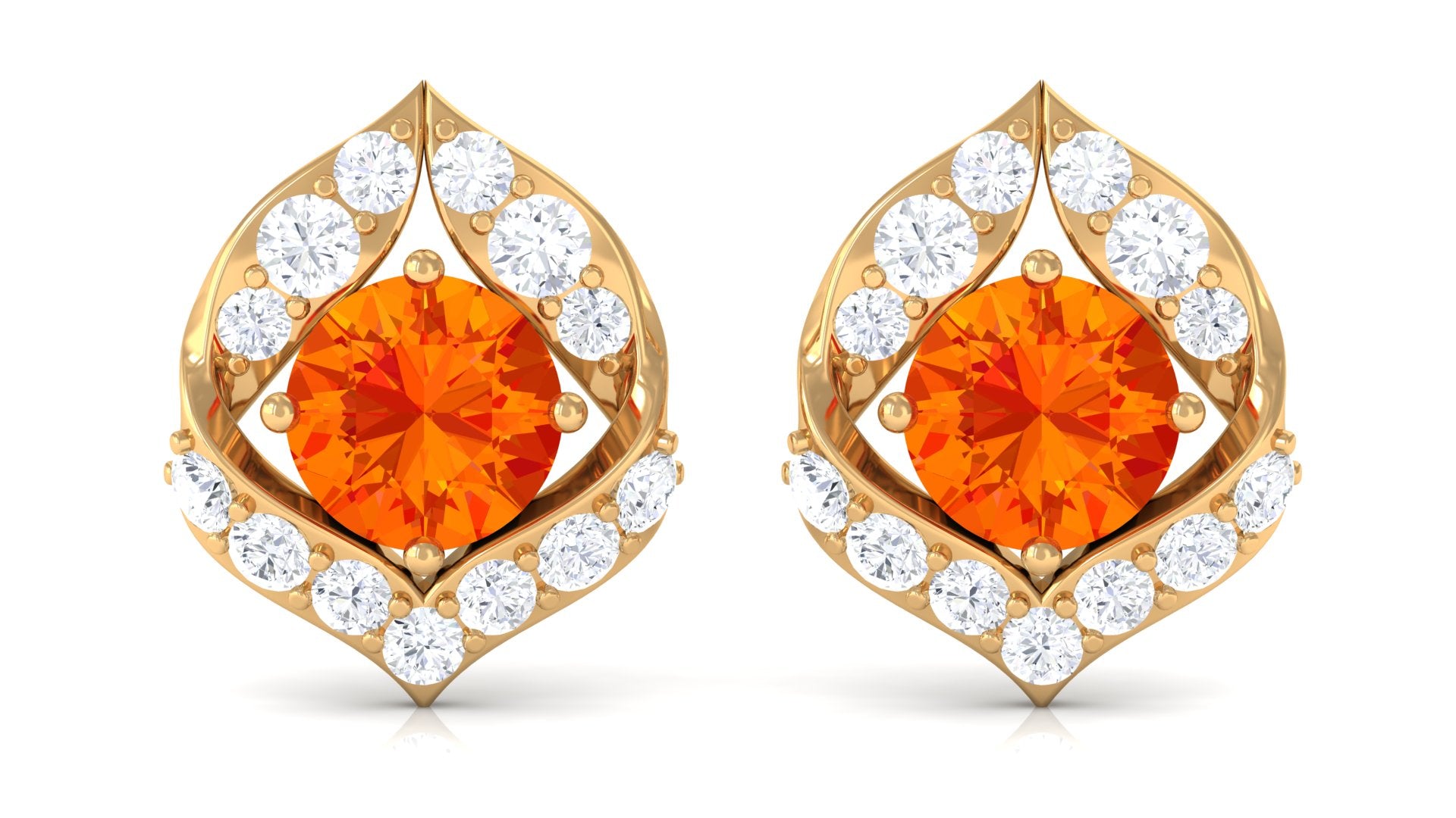 Lab Grown Orange Sapphire Stud Earrings with Diamond Lab Created Orange Sapphire - ( AAAA ) - Quality - Rosec Jewels
