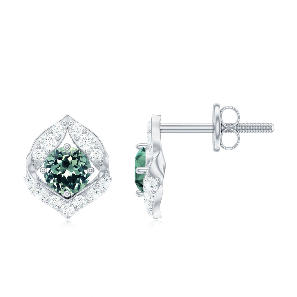 Lab Grown Green Sapphire Stud Earrings with Diamond