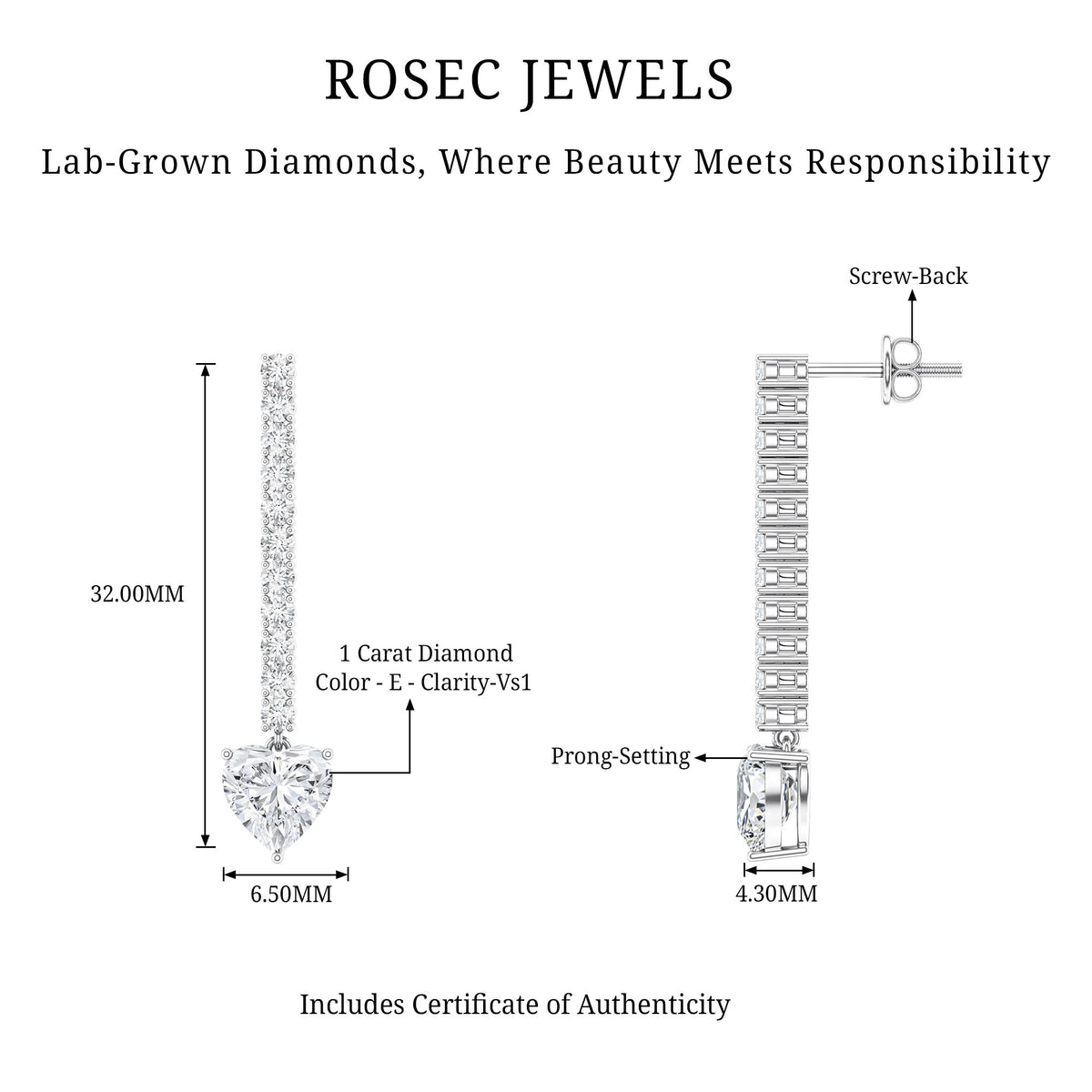 Lab Grown 2 Carat Diamond Bridal Drop Earrings with IGI Certificate Lab - ( E-VS1 ) - Rosec Jewels