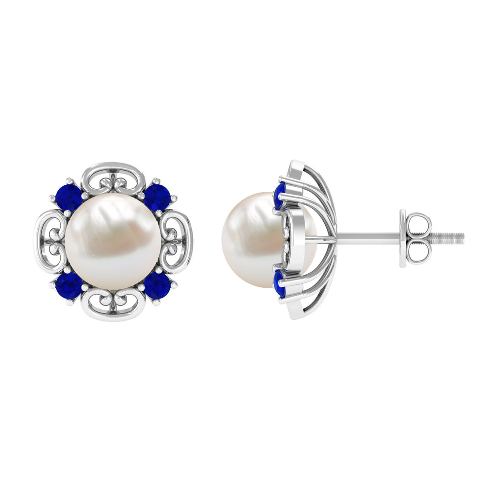 Vintage Freshwater Pearl Stud Earrings with Created Sapphire