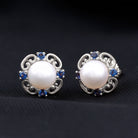 Vintage Freshwater Pearl Stud Earrings with Created Sapphire Freshwater Pearl - ( AAA ) - Quality - Rosec Jewels