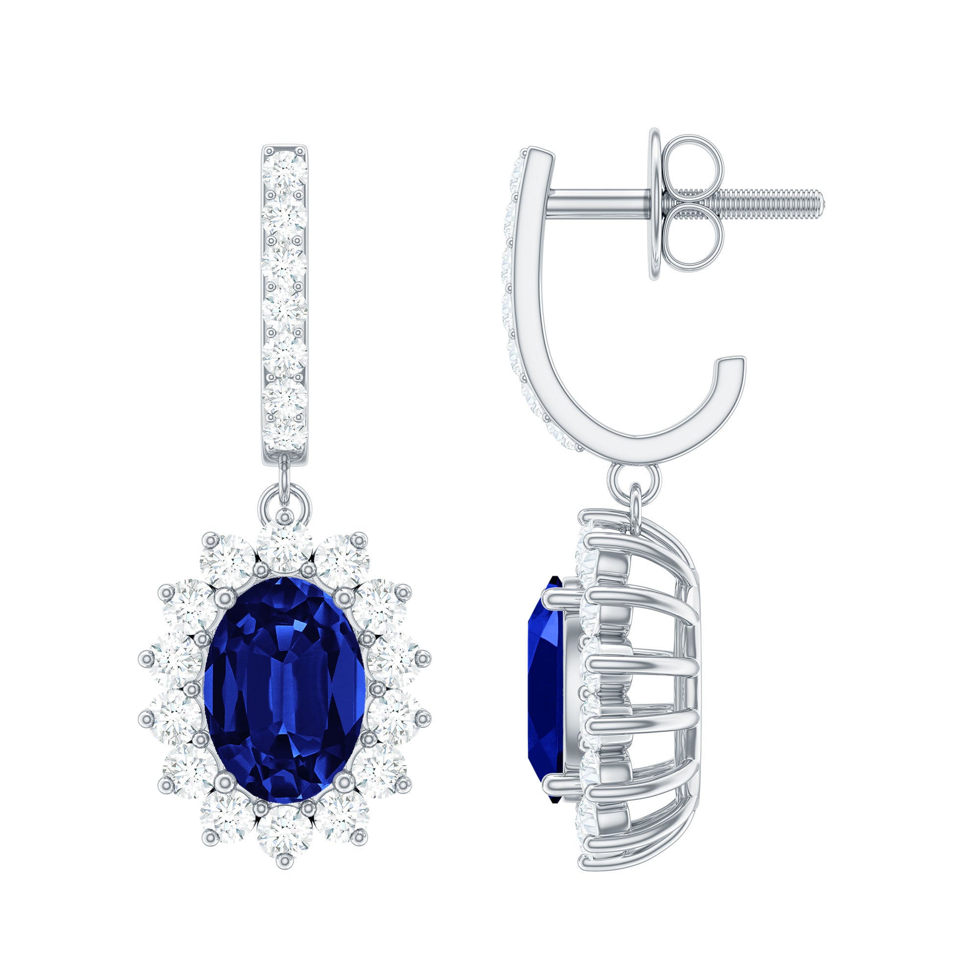 Lab Grown Blue Sapphire Princess Diana Inspired Earrings with Moissanite