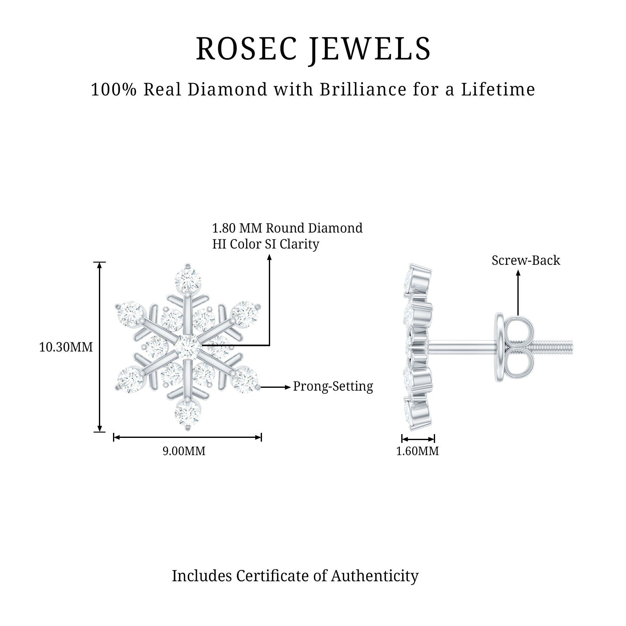 Rosec Jewels-Certified Diamond Snowflake Stud Earrings with Screw Back