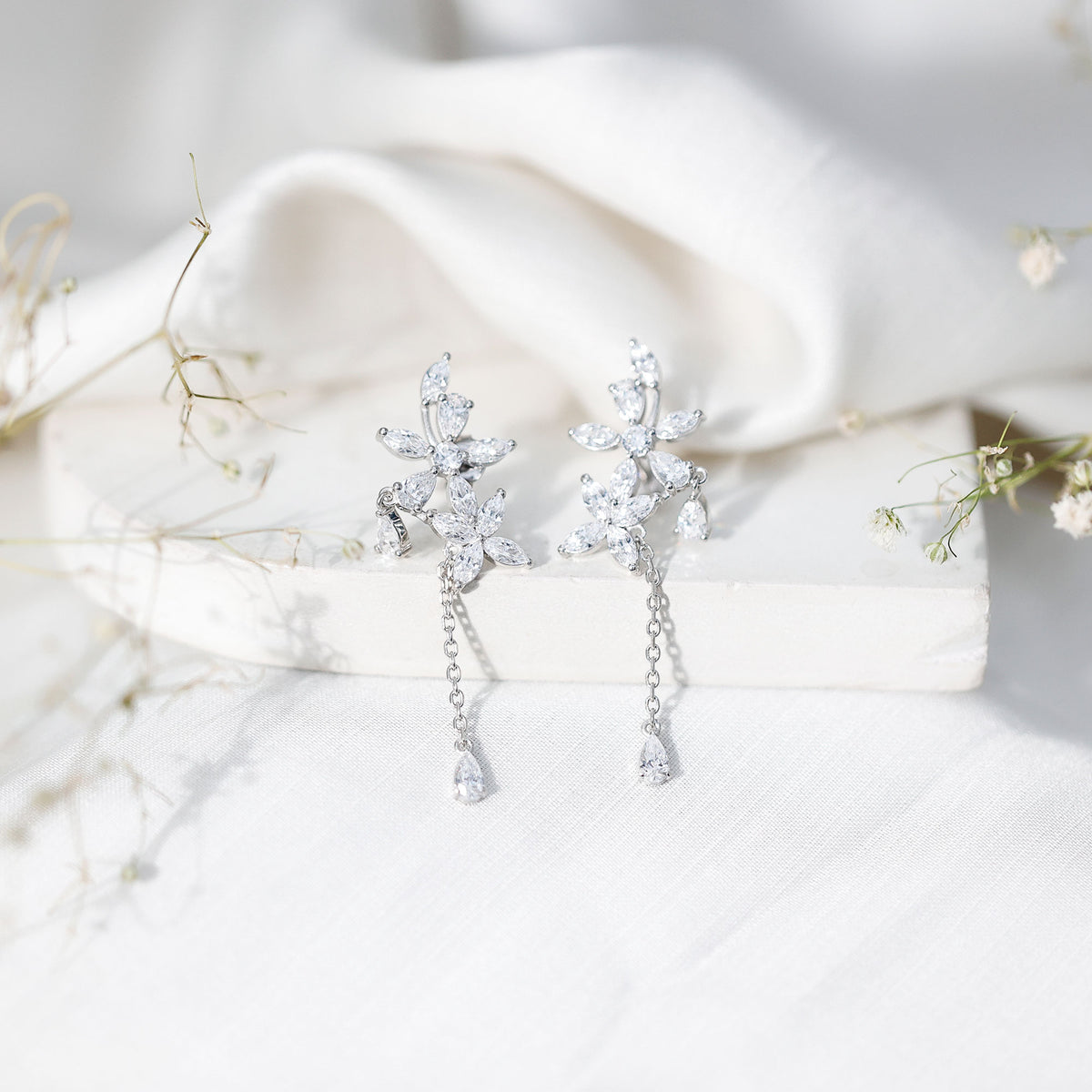 Certified Lab Grown Diamond Flower Dangle Drop Earrings Lab - ( EF-VS ) - Rosec Jewels