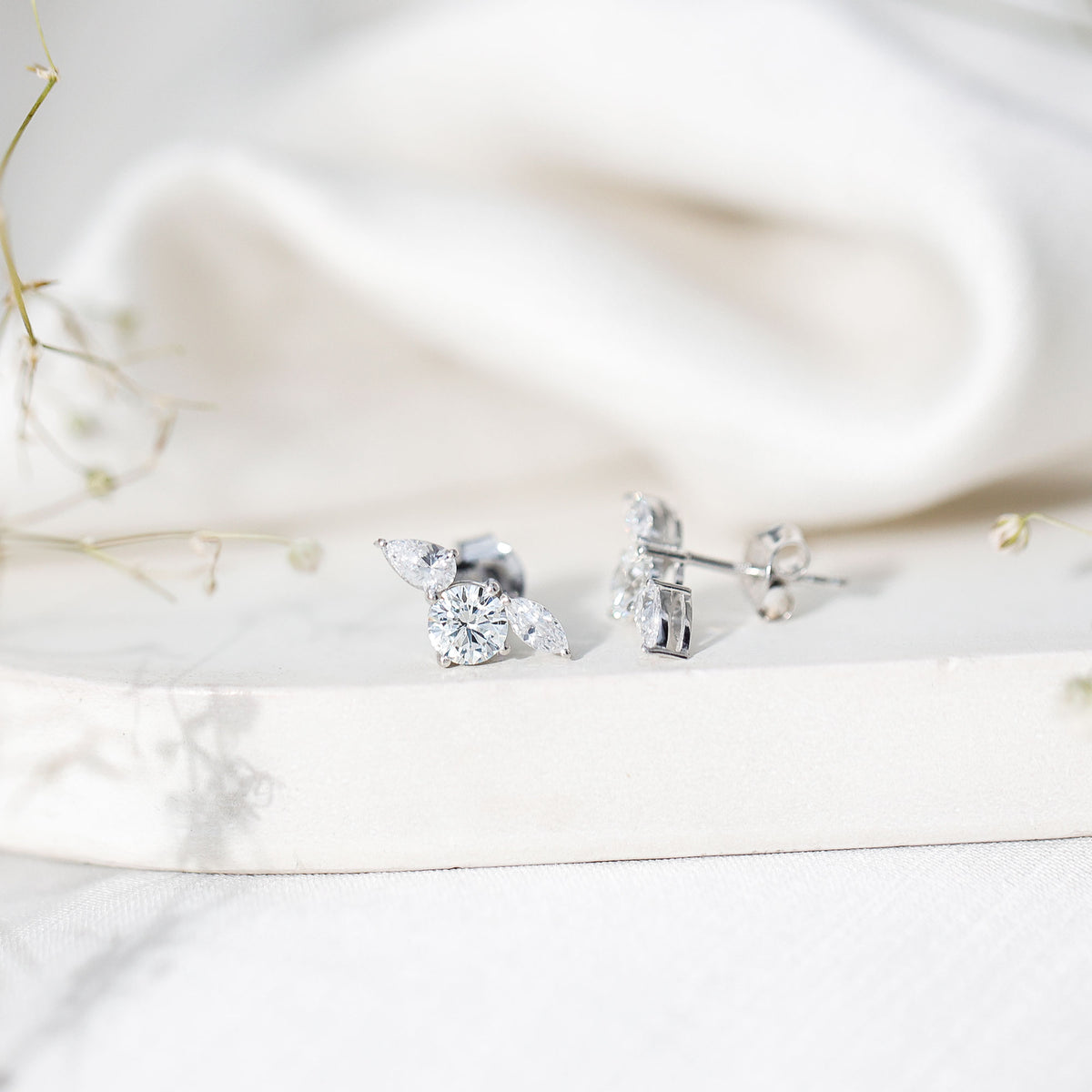 Unique Lab Grown Diamond Three Stone Stud Earrings for Women Lab - ( EF-VS ) - Rosec Jewels