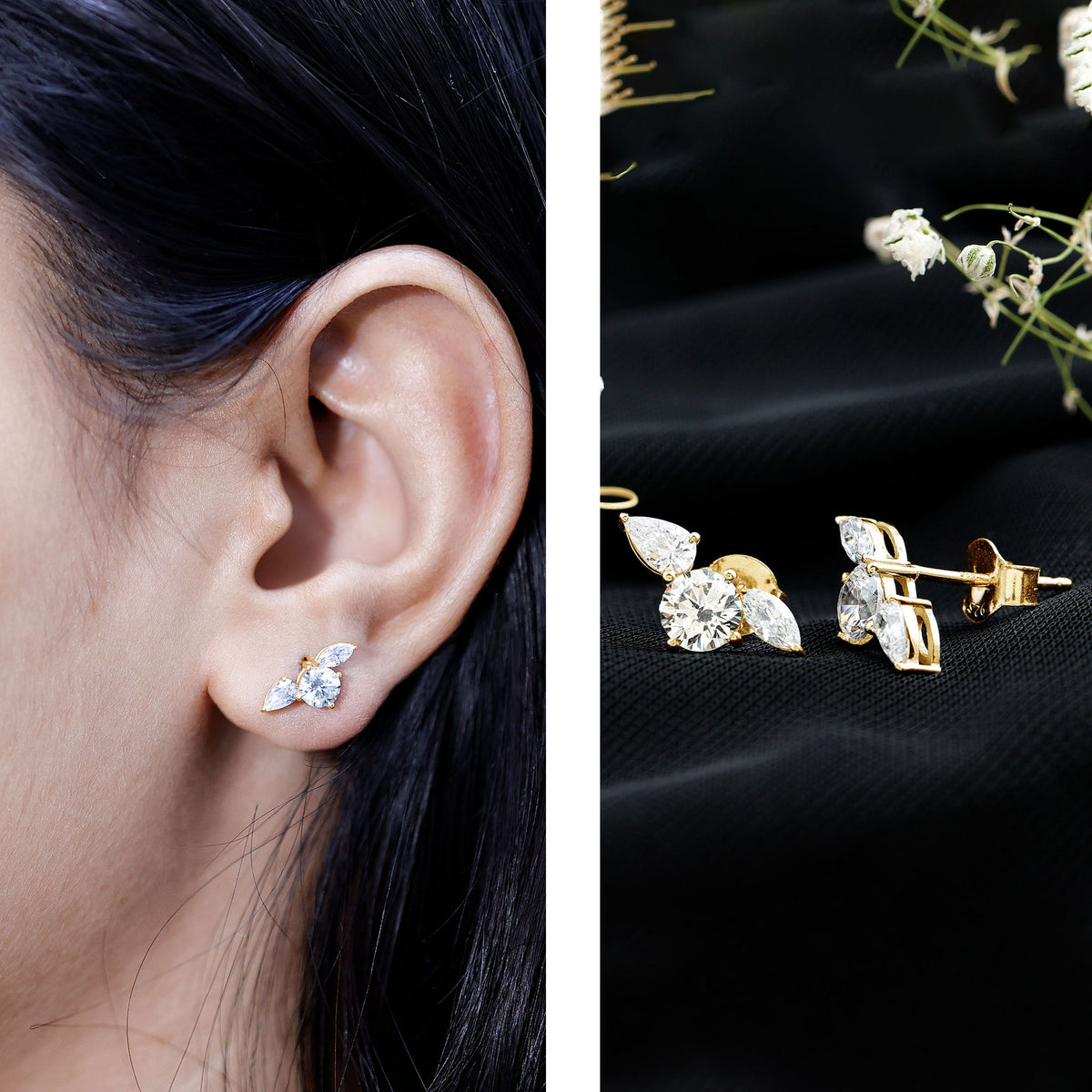 Unique Lab Grown Diamond Three Stone Stud Earrings for Women Lab - ( EF-VS ) - Rosec Jewels