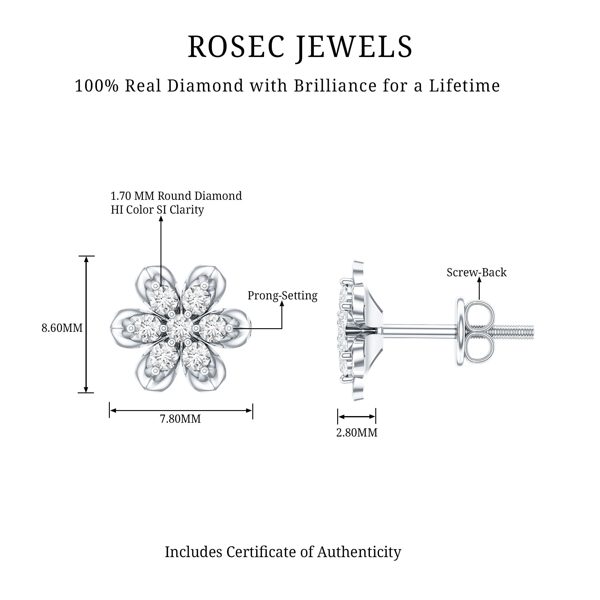 Brilliant Cut Diamond Flower Stud Earrings with Screw Back Natural - ( HI-SI ) - Rosec Jewels