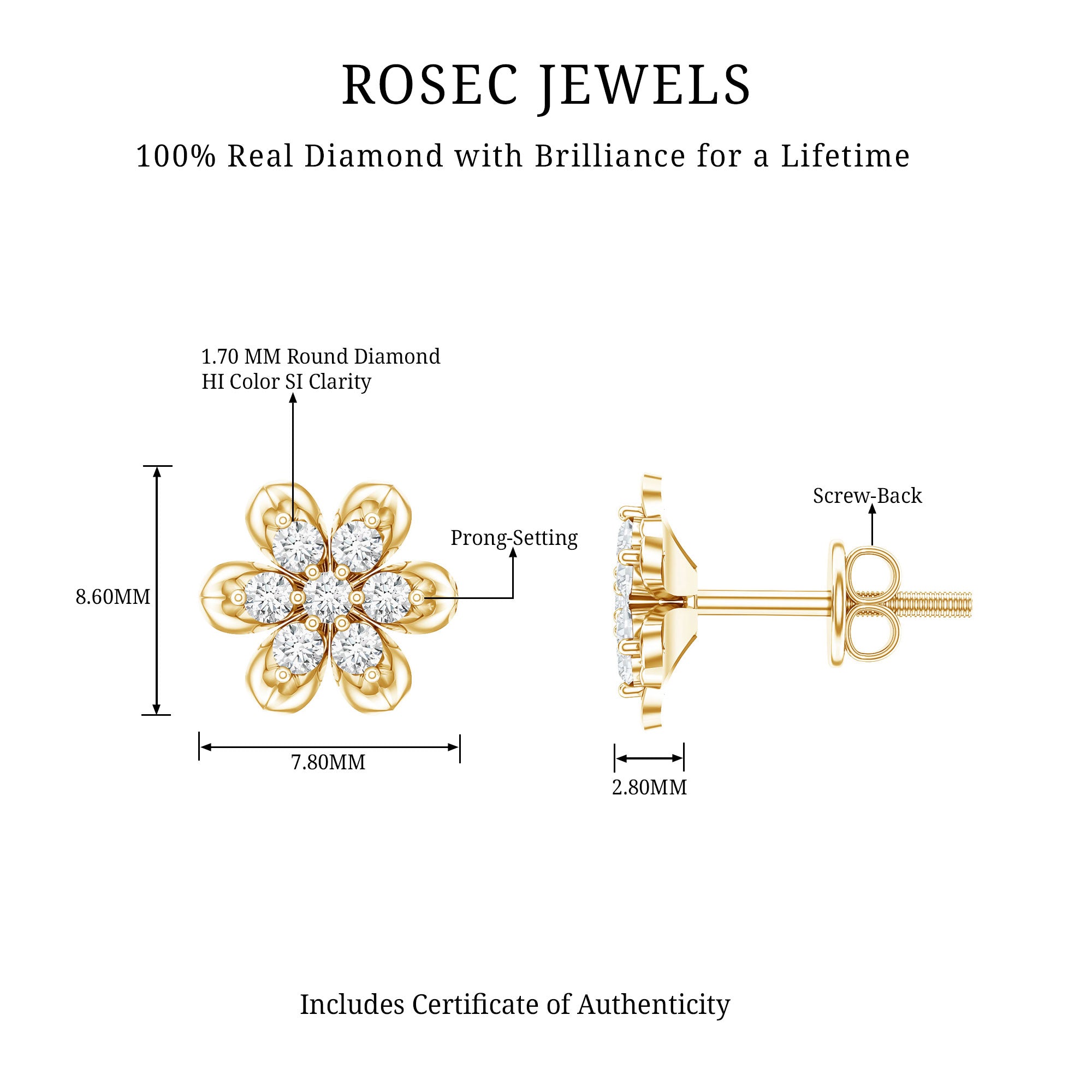 Brilliant Cut Diamond Flower Stud Earrings with Screw Back Natural - ( HI-SI ) - Rosec Jewels