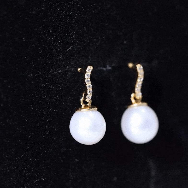 8 MM Freshwater Pearl Drop and Curved Diamond Bar Earring Freshwater Pearl - ( AAA ) - Quality - Rosec Jewels