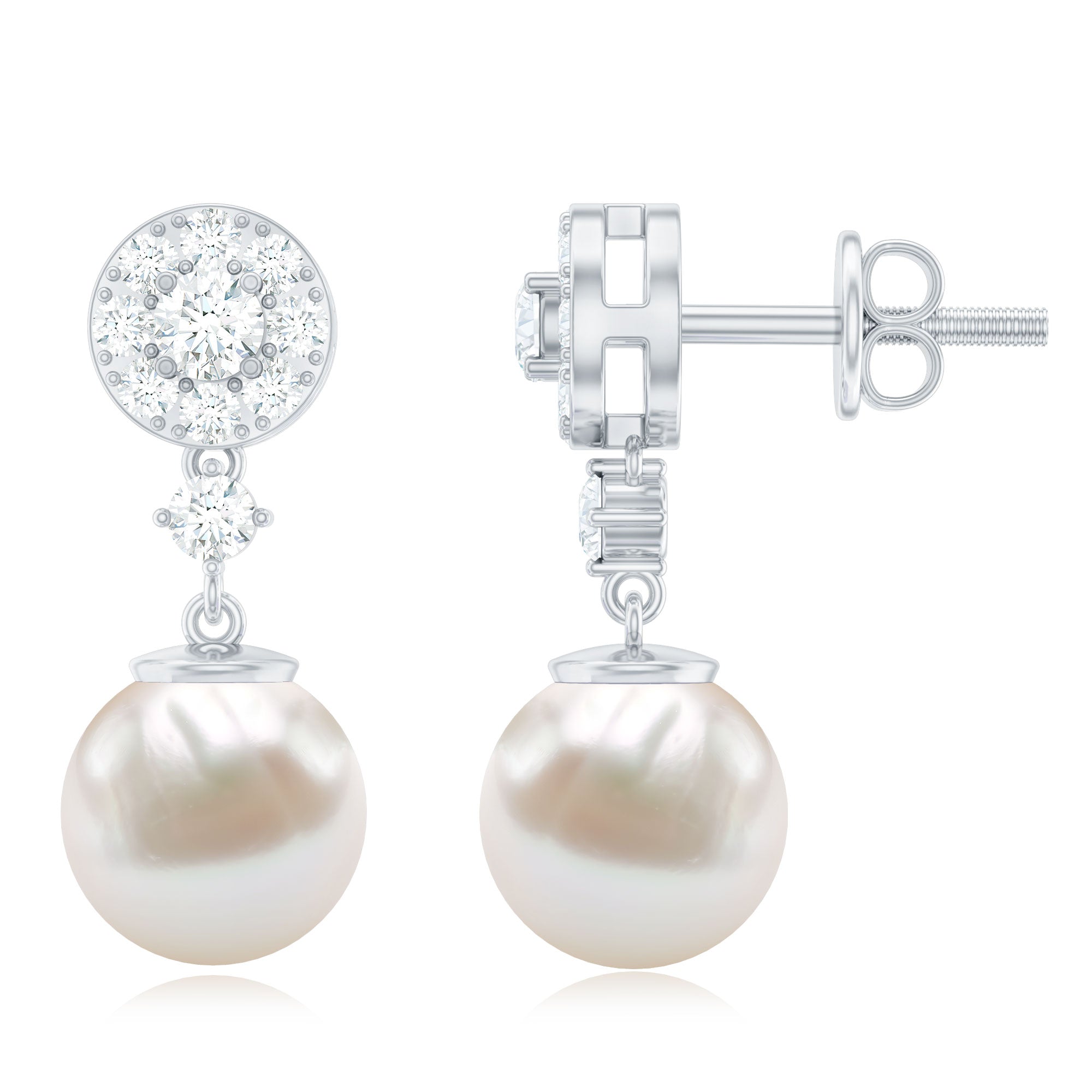 Genuine 6 Carat Freshwater Cultured Pearl Drop Earrings with Diamonds AAA - Rosec Jewels