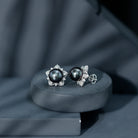 Genuine Tahitian Black Pearl and Diamond Flower Stud Earrings AAA - Rosec Jewels