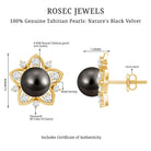 Genuine Tahitian Black Pearl and Diamond Flower Stud Earrings AAA - Rosec Jewels