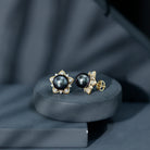 Genuine Tahitian Black Pearl and Diamond Flower Stud Earrings AAA - Rosec Jewels