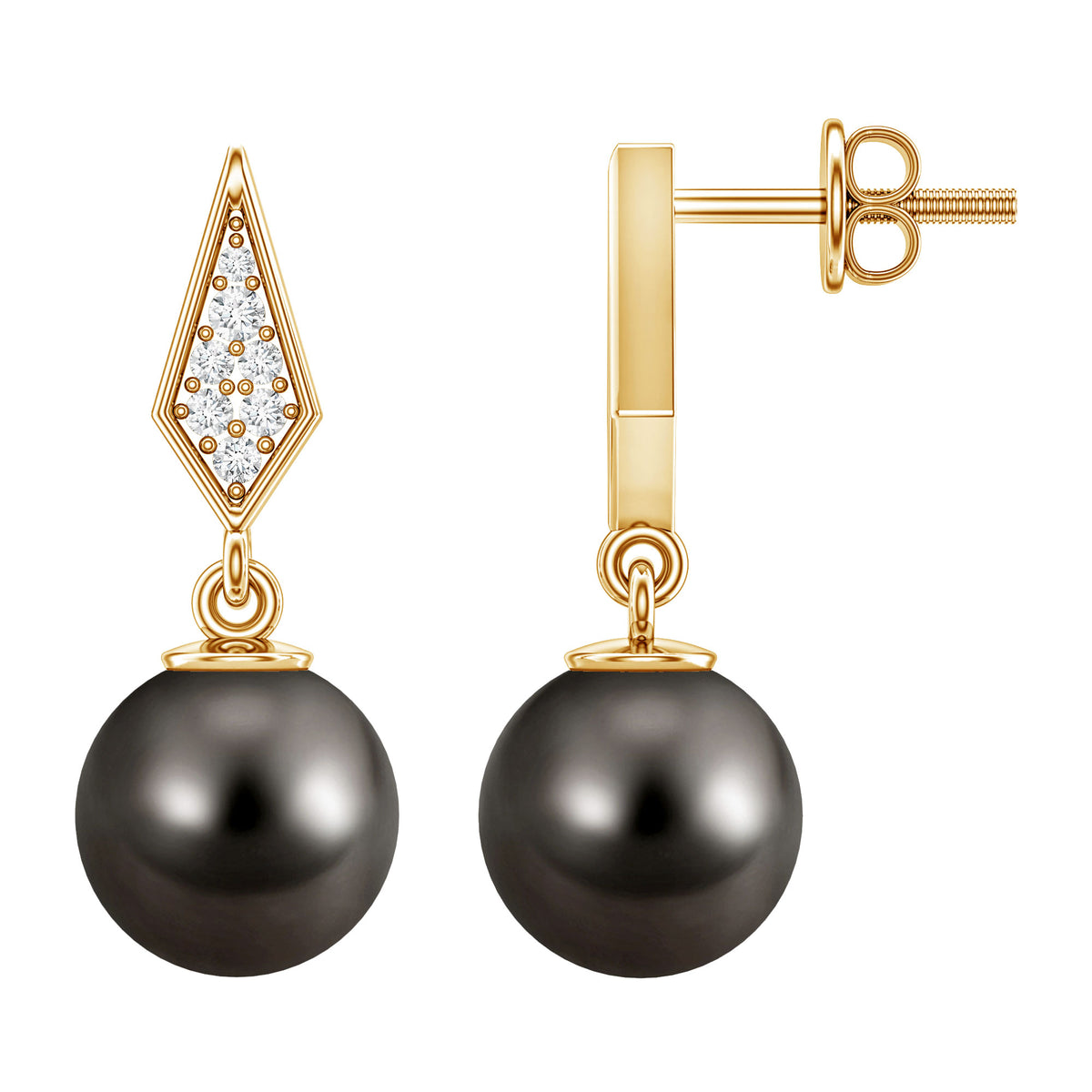 Art Deco Inspired Tahitian Pearl and Diamond Drop Earrings AAA - Rosec Jewels