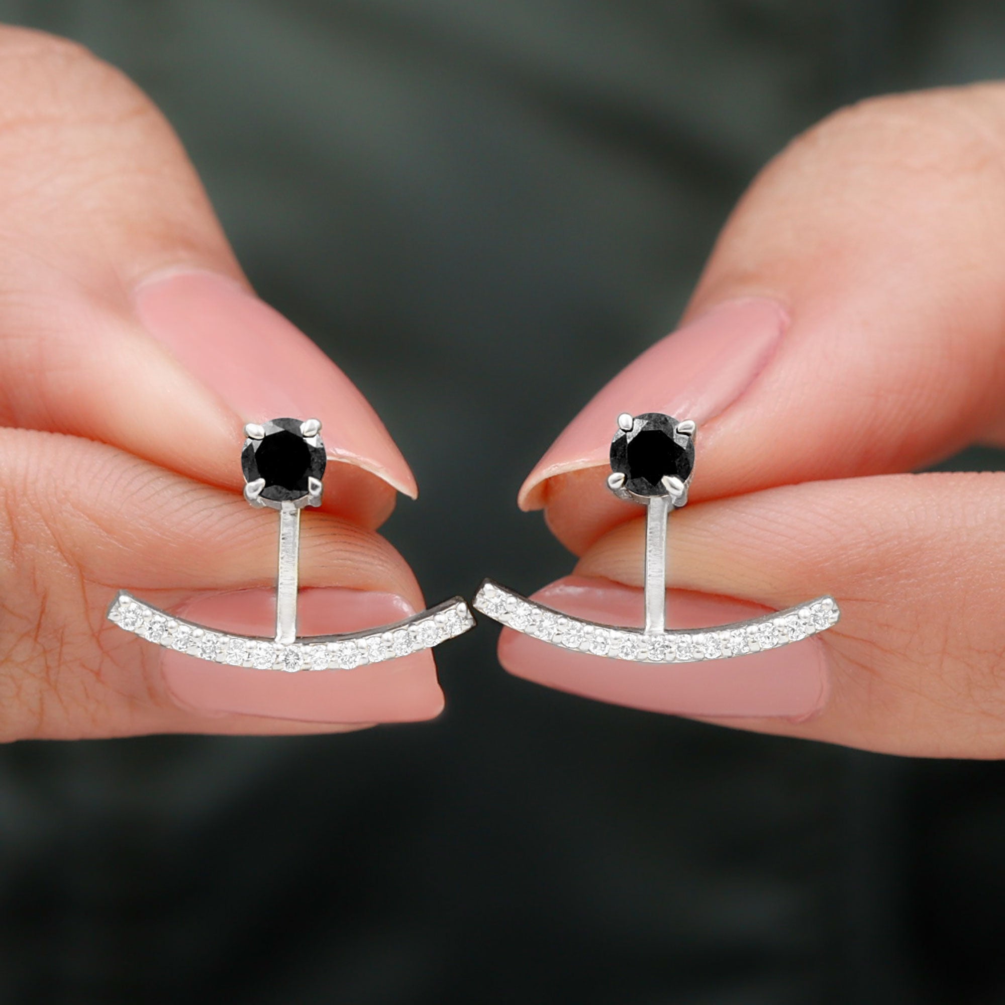 Round Black Onyx Front Back Earrings with Diamond Black Onyx - ( AAA ) - Quality - Rosec Jewels