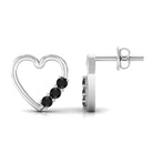 Open Heart Stud Earrings with 3 Lab Created Black Diamonds AAAA ( Synthetic ) - Rosec Jewels