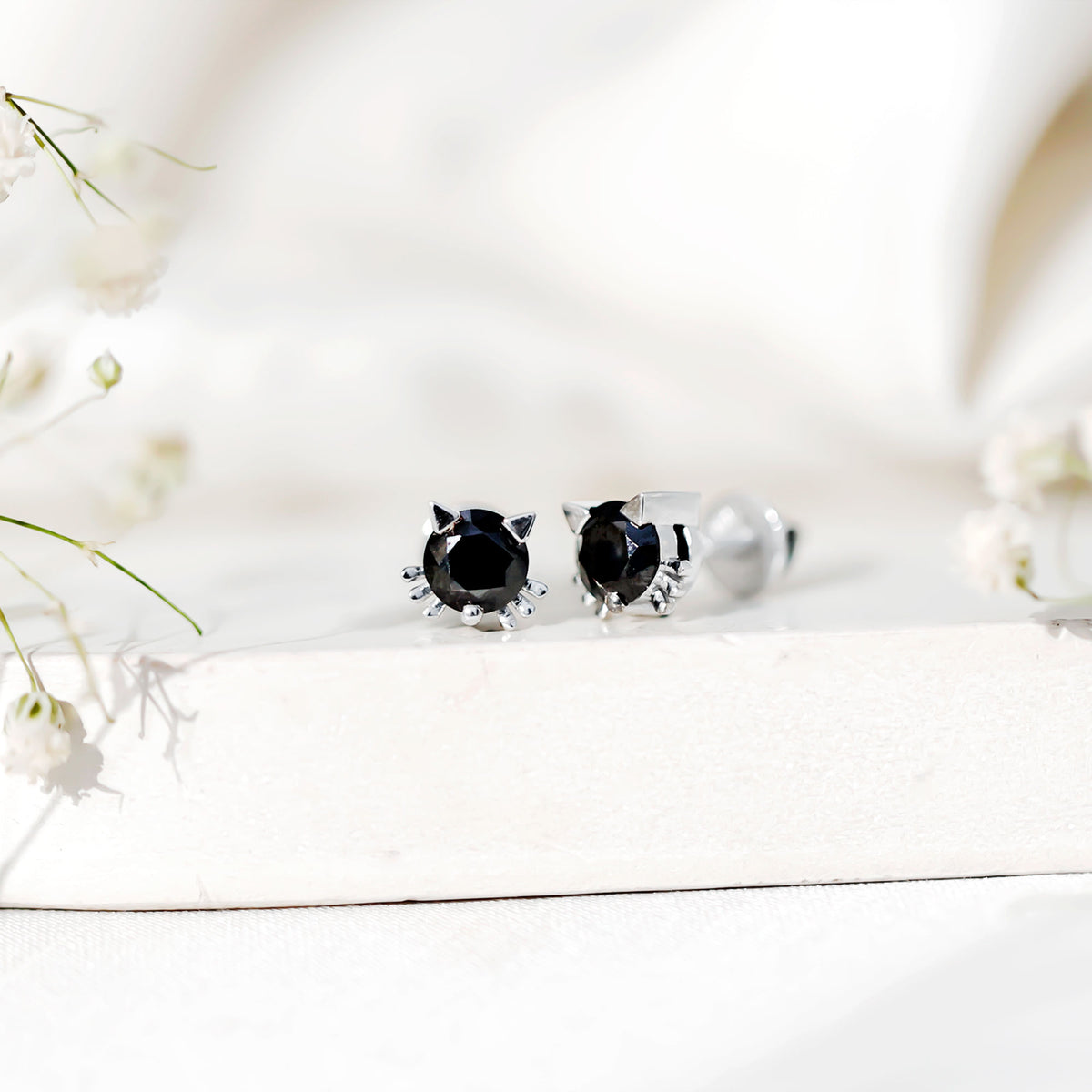 5MM Round Lab Created Black Diamond Cat Stud Earrings AAAA ( Synthetic ) - Rosec Jewels