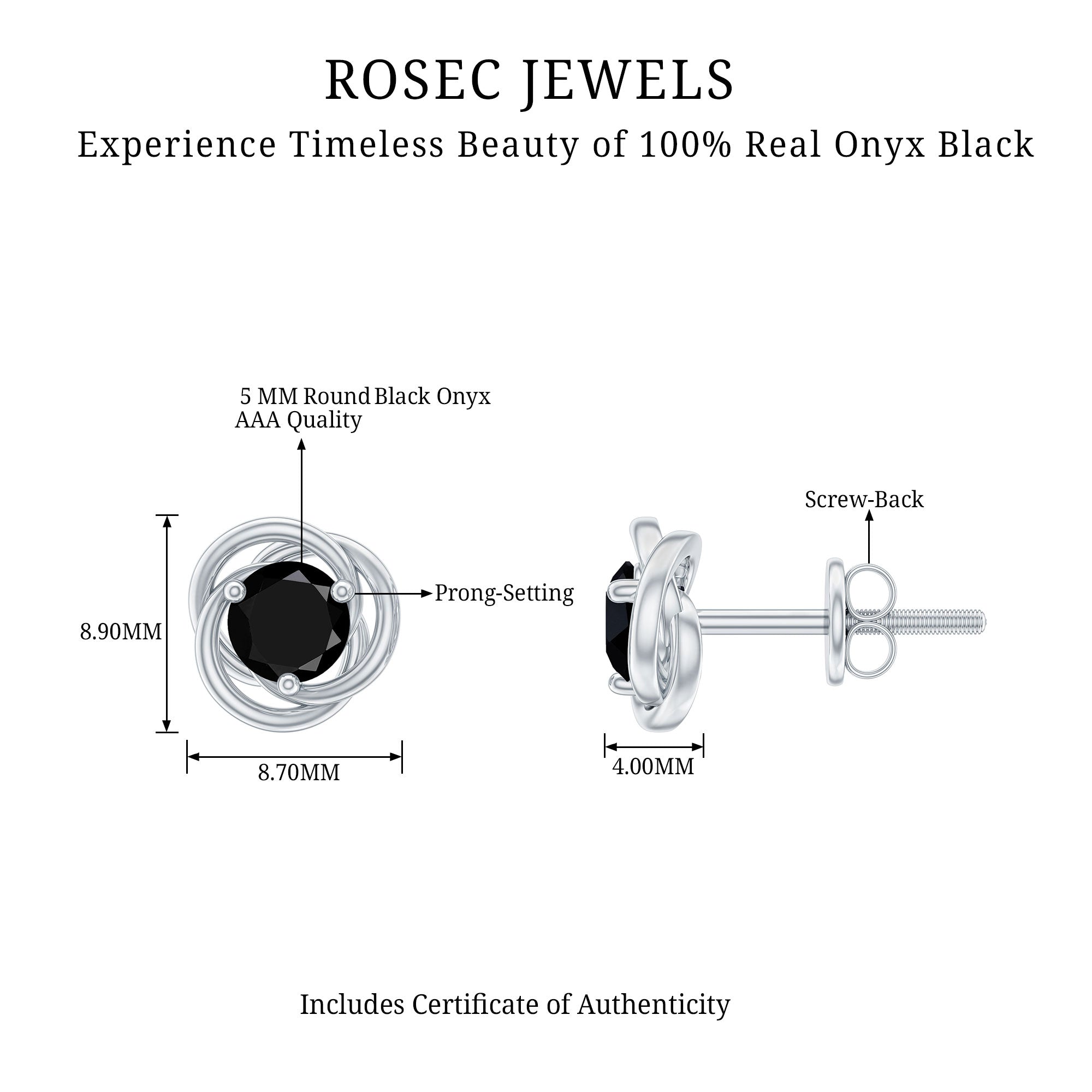 5 MM Black Onyx Solitaire and Gold Swirl Stud Earrings Black Onyx - ( AAA ) - Quality - Rosec Jewels