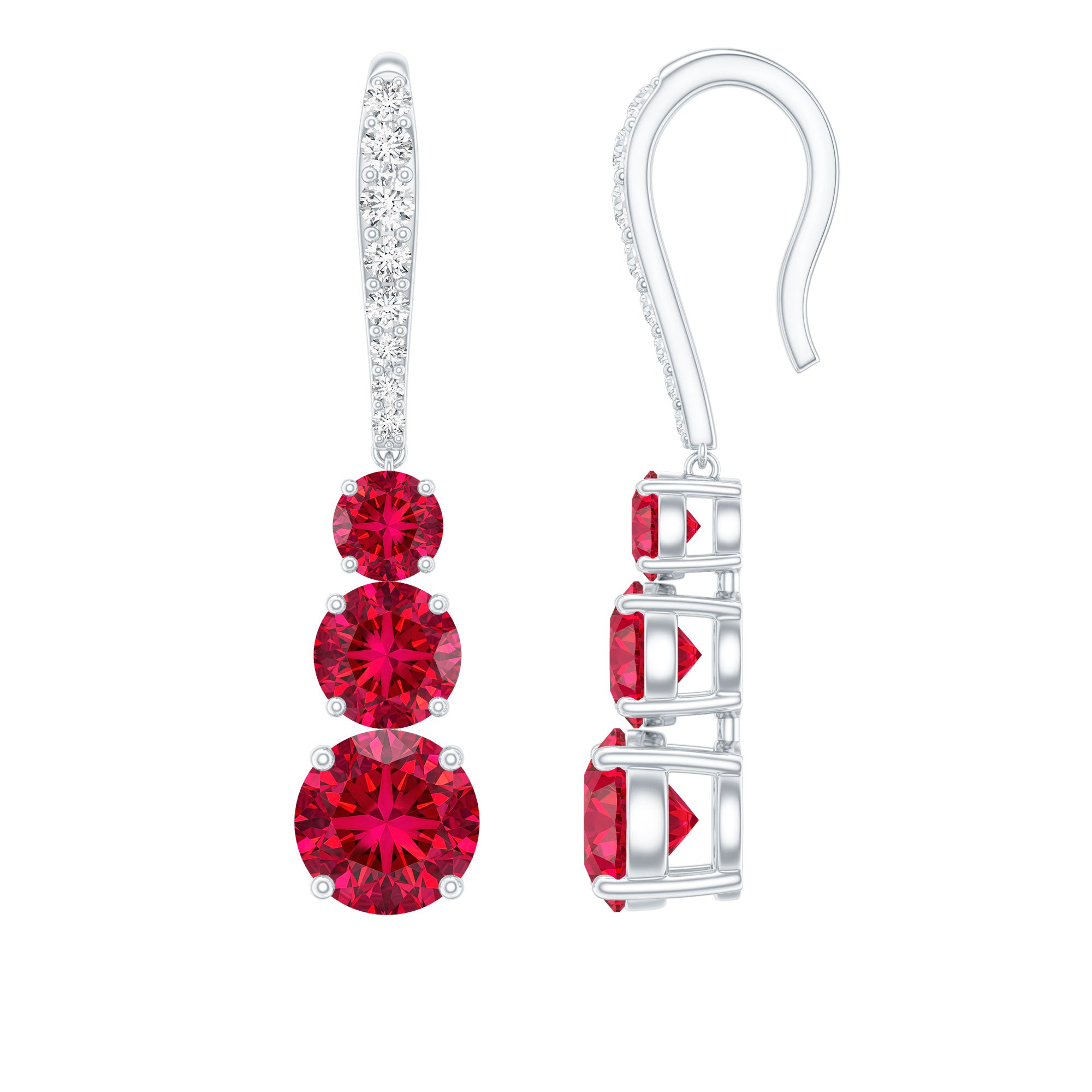 Rosec Jewels-3 Stone Lab Created Ruby Bridal Drop Earrings in Sterling Silver