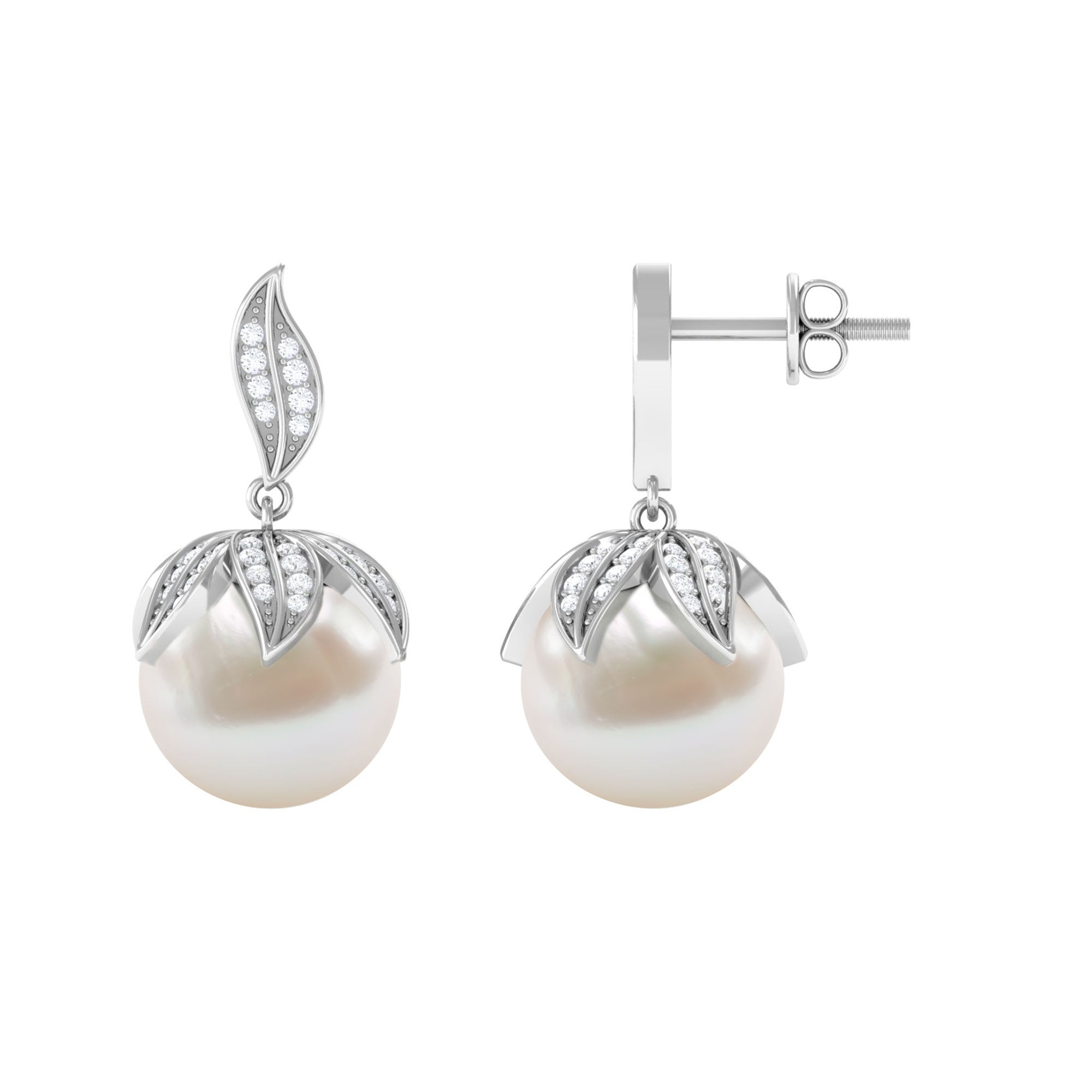 Nature Inspired Freshwater Pearl Drop Earrings with Diamond