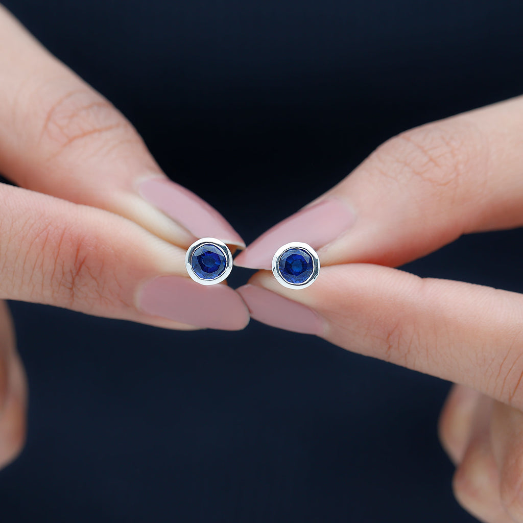 Minimal Round Lab Created Blue Sapphire Solitaire Stud Earrings in Gold Lab Created Blue Sapphire - ( AAAA ) - Quality - Rosec Jewels