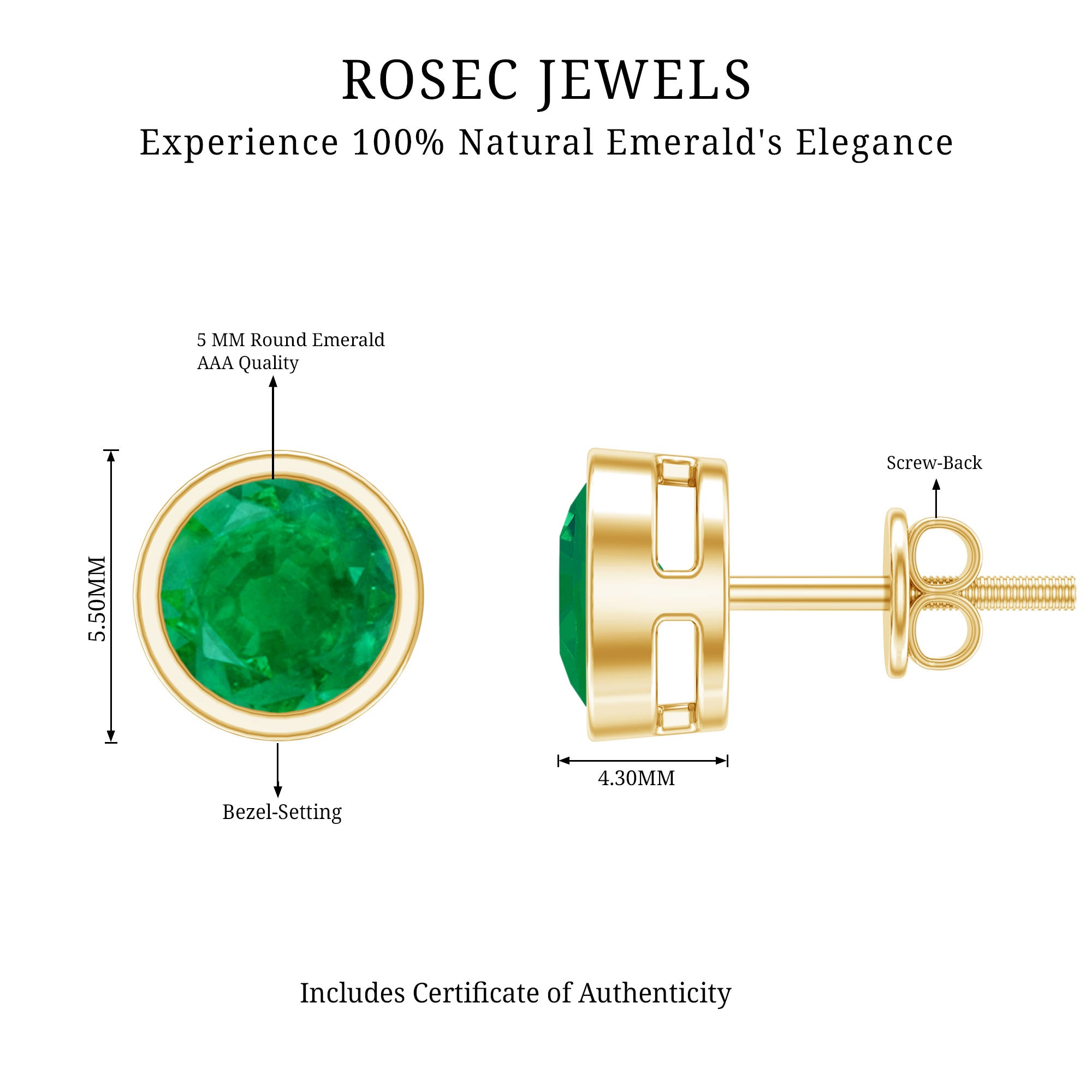 Bezel Set Round Emerald Solitaire Stud Earrings AAA - Rosec Jewels