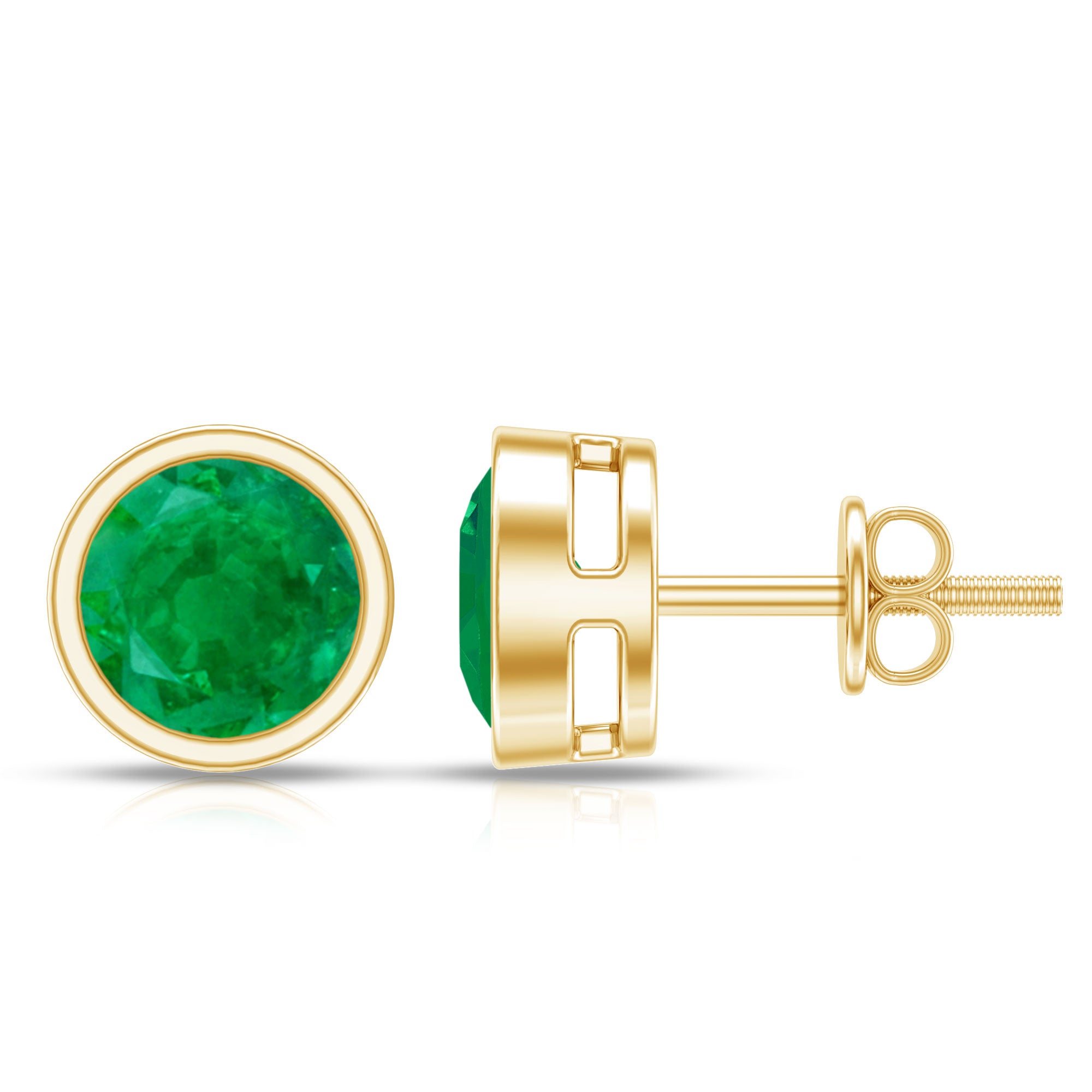 Bezel Set Round Emerald Solitaire Stud Earrings AAA - Rosec Jewels