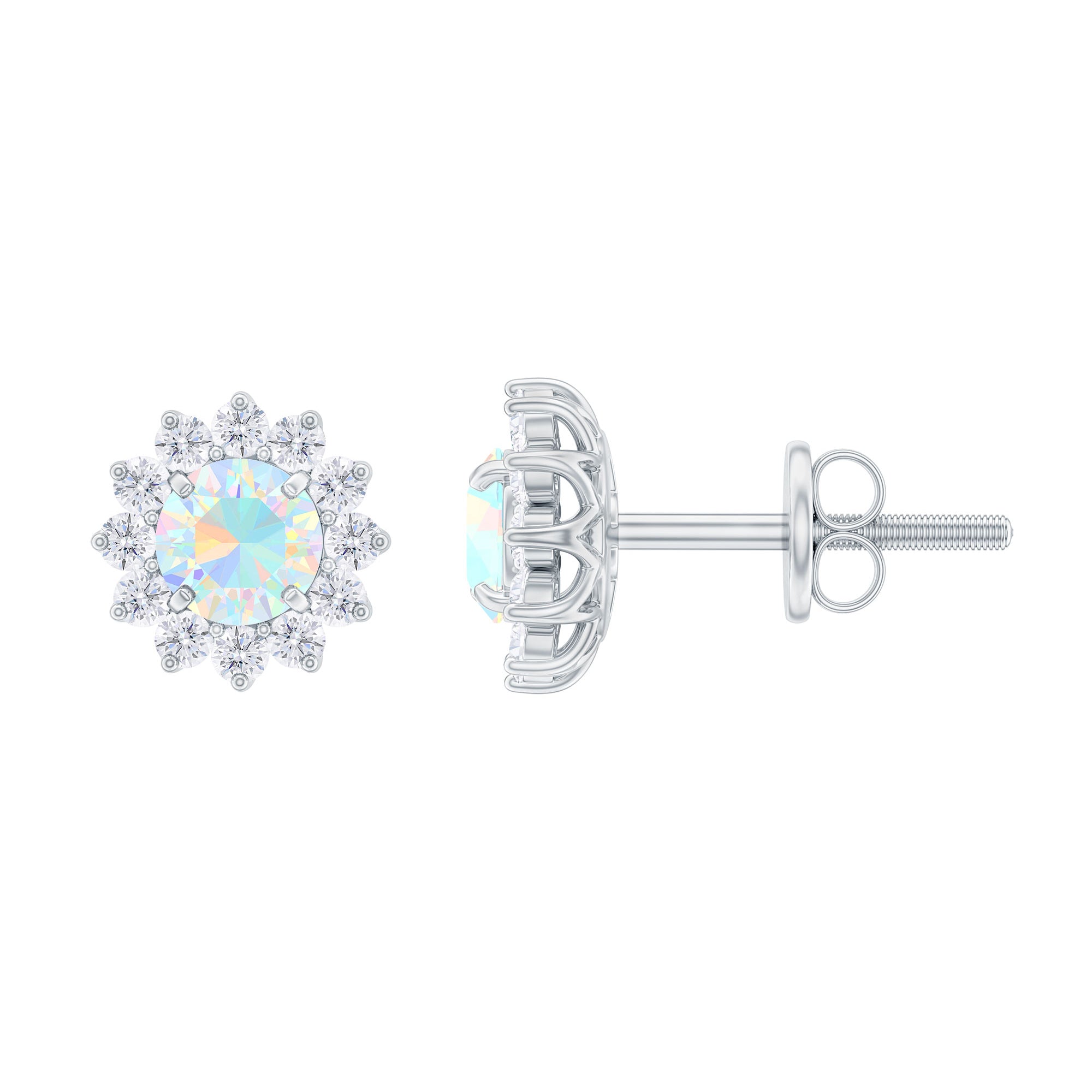 Real Ethiopian Opal Flower Stud Earrings with Diamond Halo